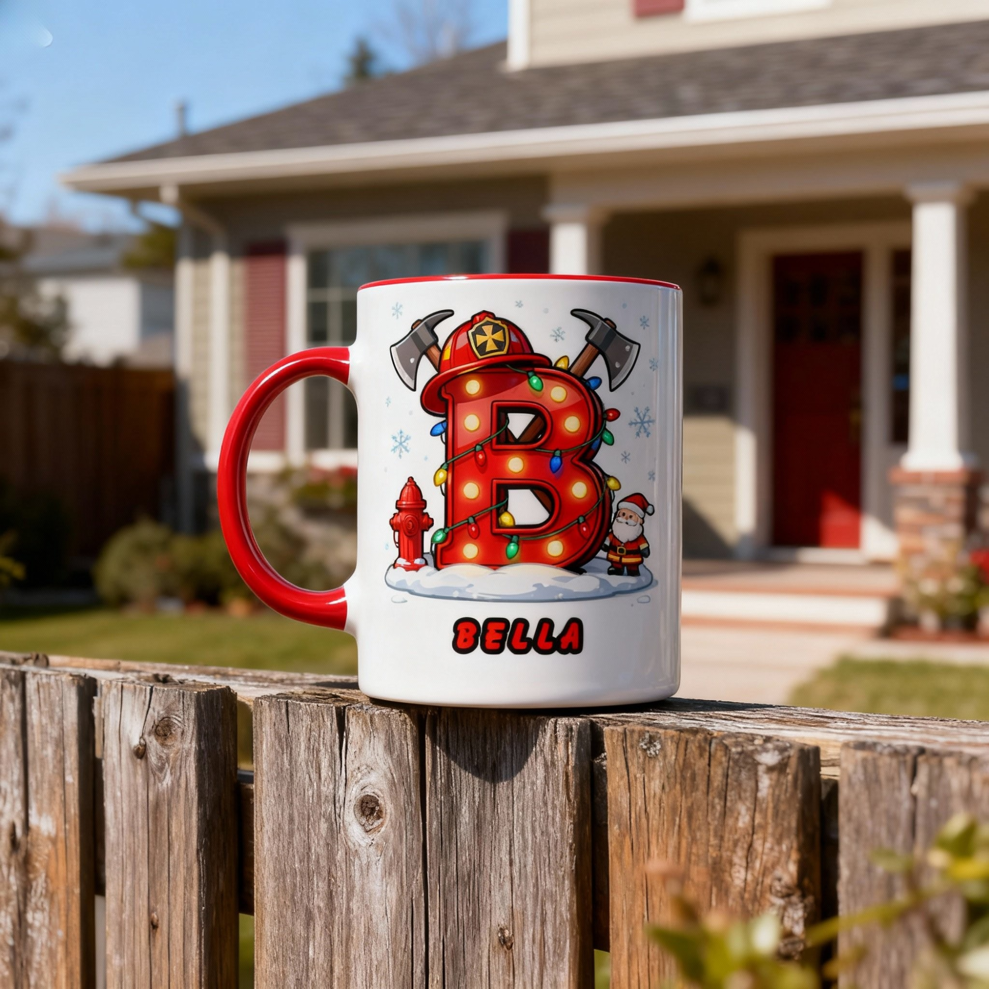 Personalisierte Feuerwehr-Weihnachtstasse – Name und Buchstabe 