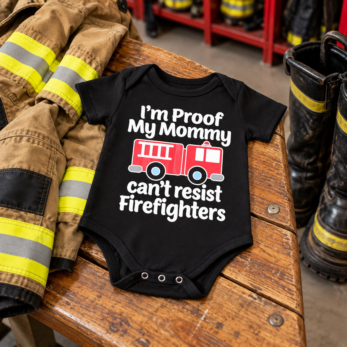 I'm Proof My Mommy Can't Resist Firefighters - Baby Bodysuit