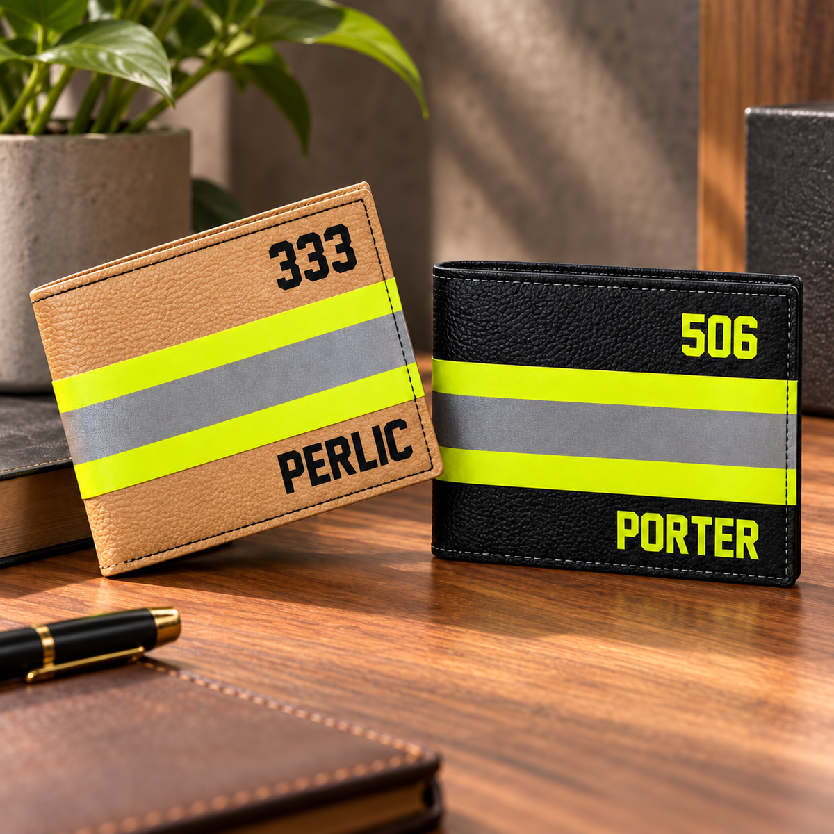 Personalized Firefighter Leather Bifold Wallet with Name & Number
