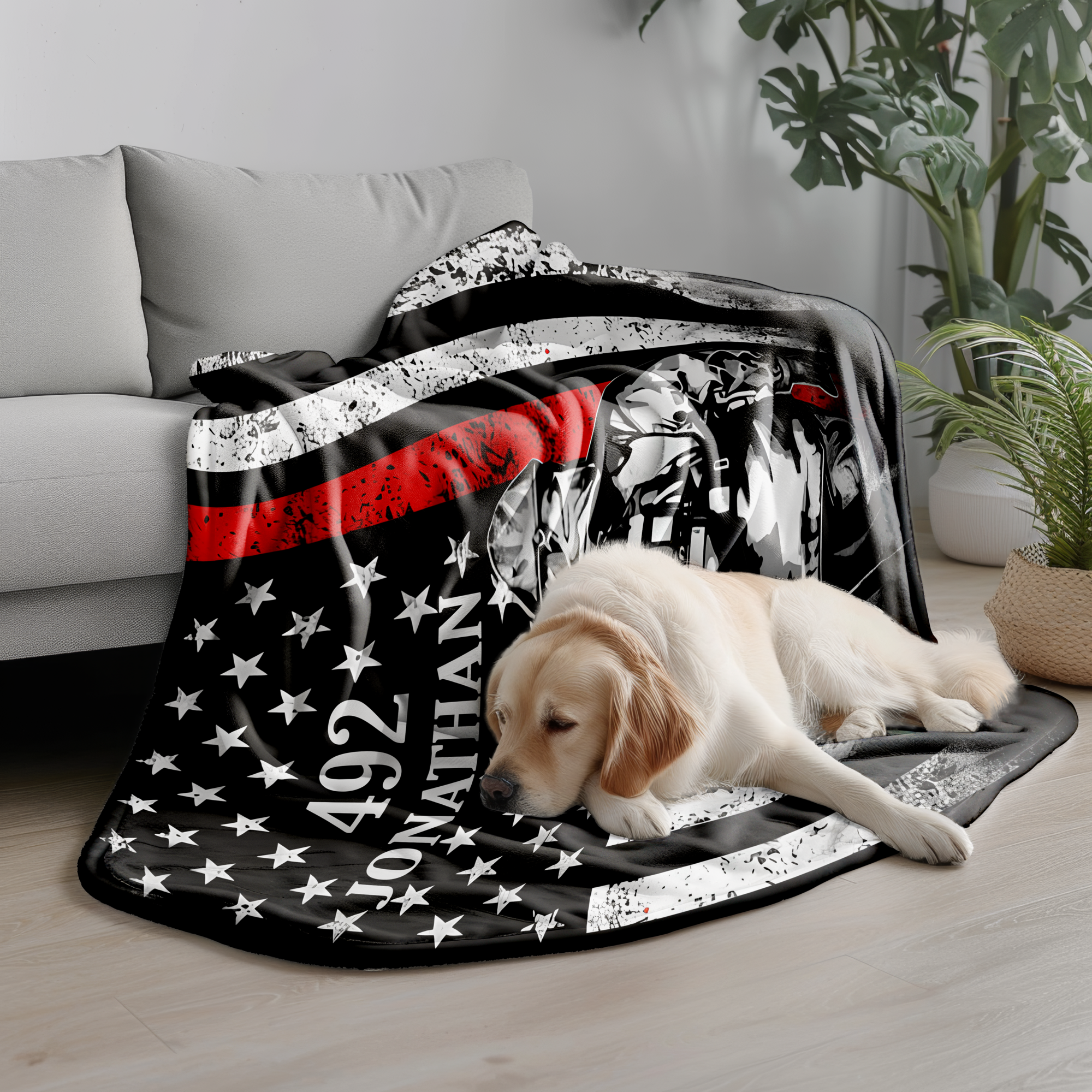 Couverture personnalisée pour pompier - Drapeau rouge avec nom et numéro