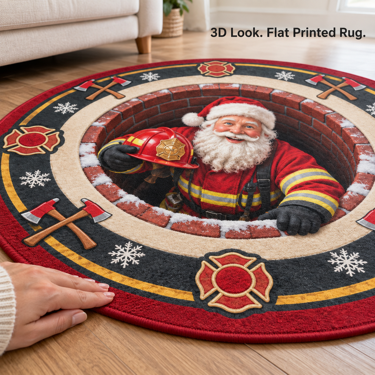 Firefighter Santa 3D Illusion Round Rug - Christmas Firefighter Home Decor