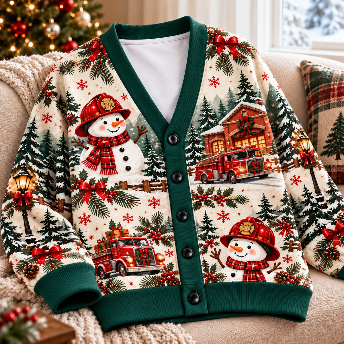 Firefighter Snowman Christmas Cardigan – Holiday Fire Truck V-Neck Sweater