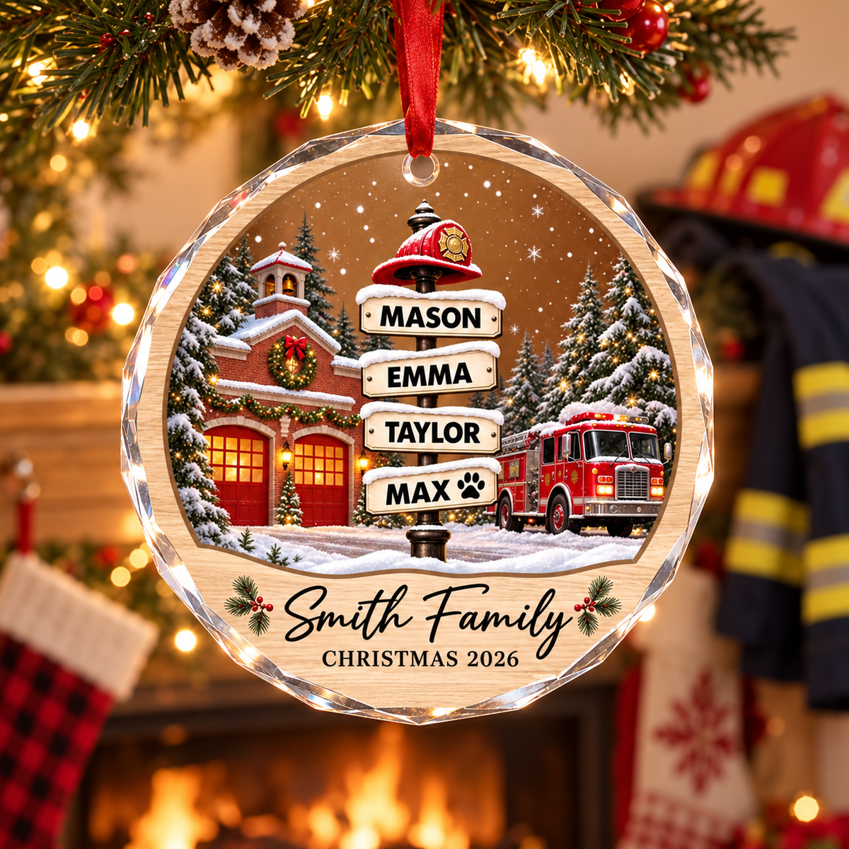 Firefighter Family Personalized Glass Christmas Ornament – Custom Names Fire Station Keepsake