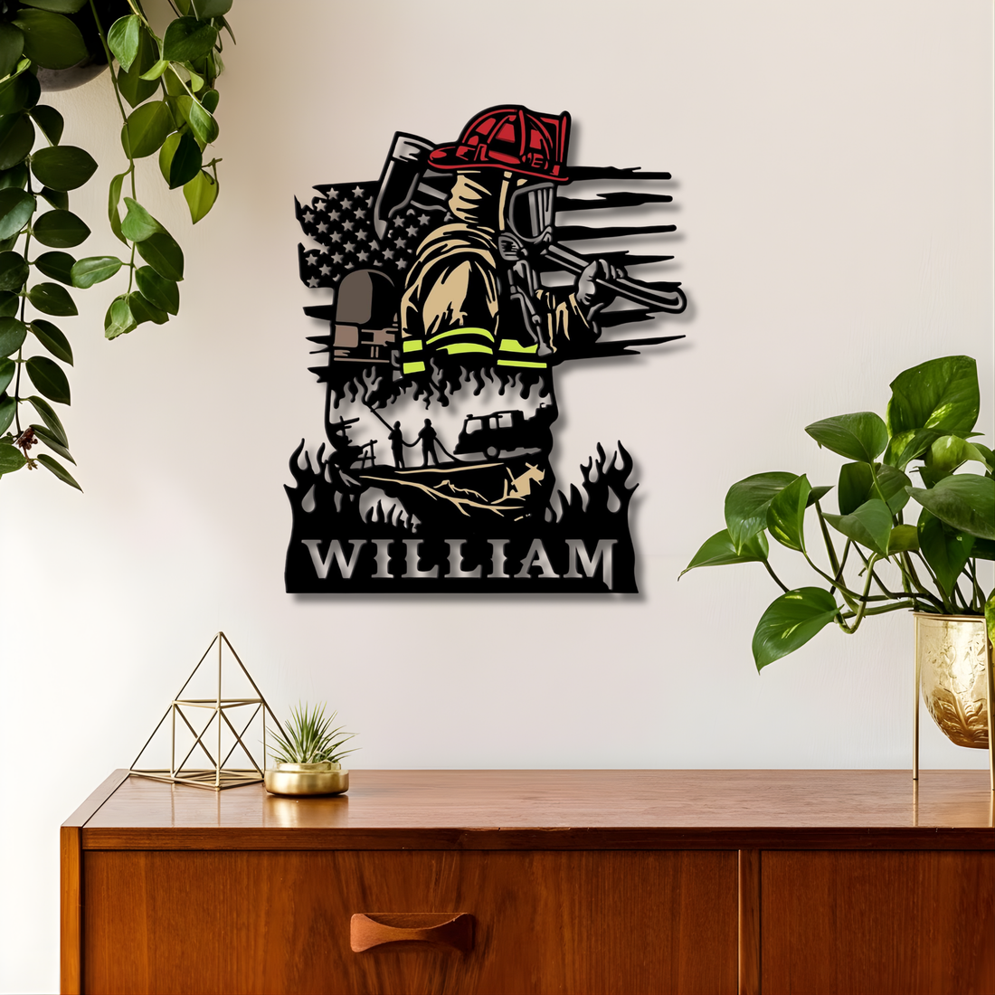 Firefighter American Flag Metal Sign - Custome Name Multicolor Wall Art