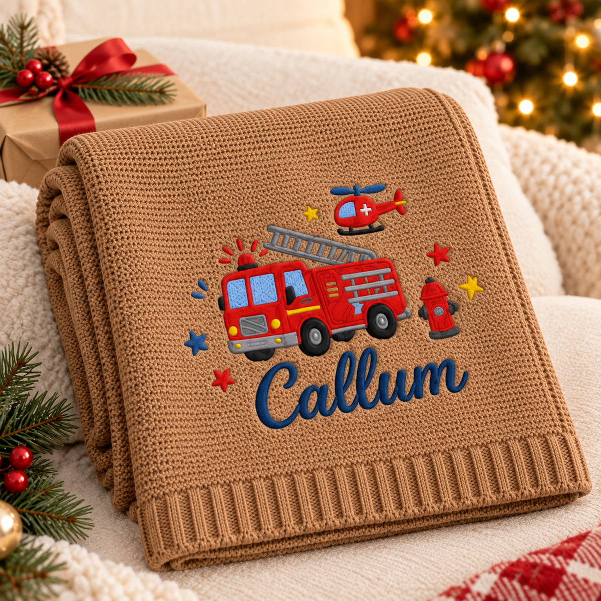 Personalized Fire Truck Baby Blanket | Custom Embroidered Name Knit Keepsake