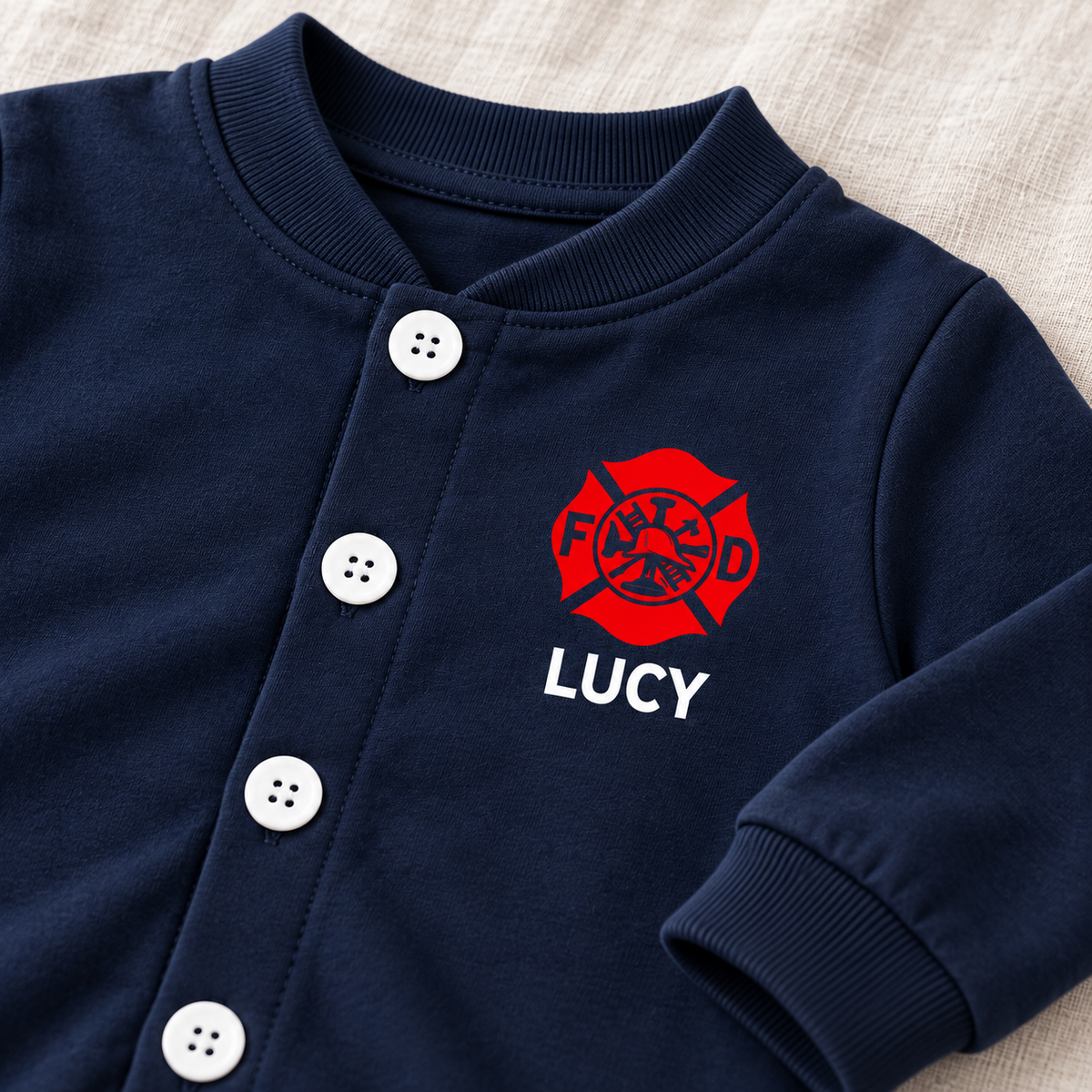Firefighter Long-Sleeve Baby Romper with Maltese Cross - Custom Name Front & Optional Back