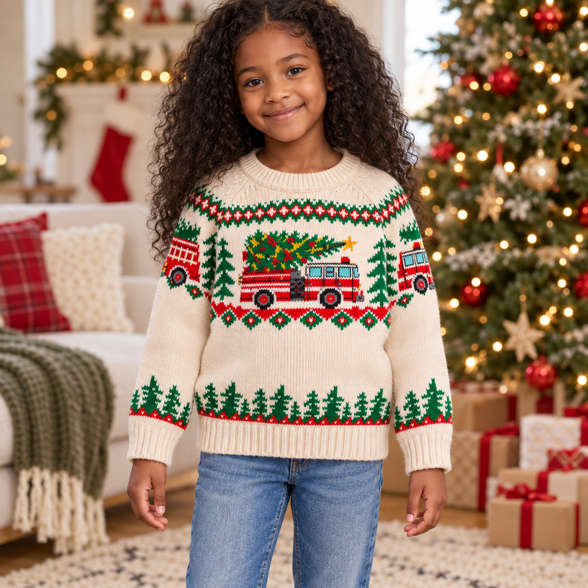 Kids Fire Truck Christmas Sweater – Fair Isle Knit Pullover for Boys & Girls