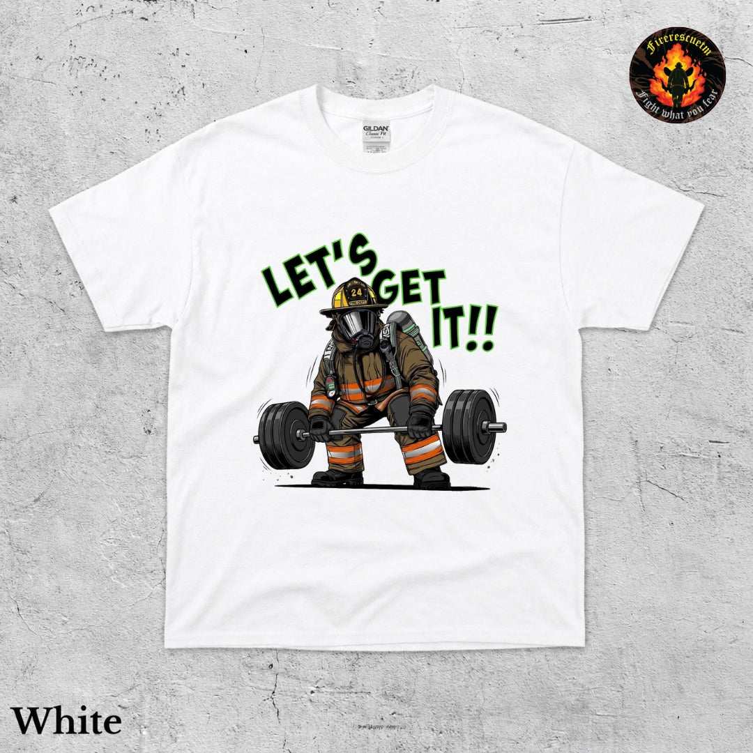 Vintage firefighter shirt with gold lettering, red fire truck illustration, and ornate border on navy or black cotton tee