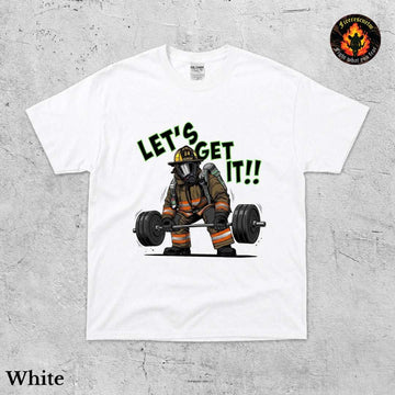 Vintage firefighter shirt with gold lettering, red fire truck illustration, and ornate border on navy or black cotton tee