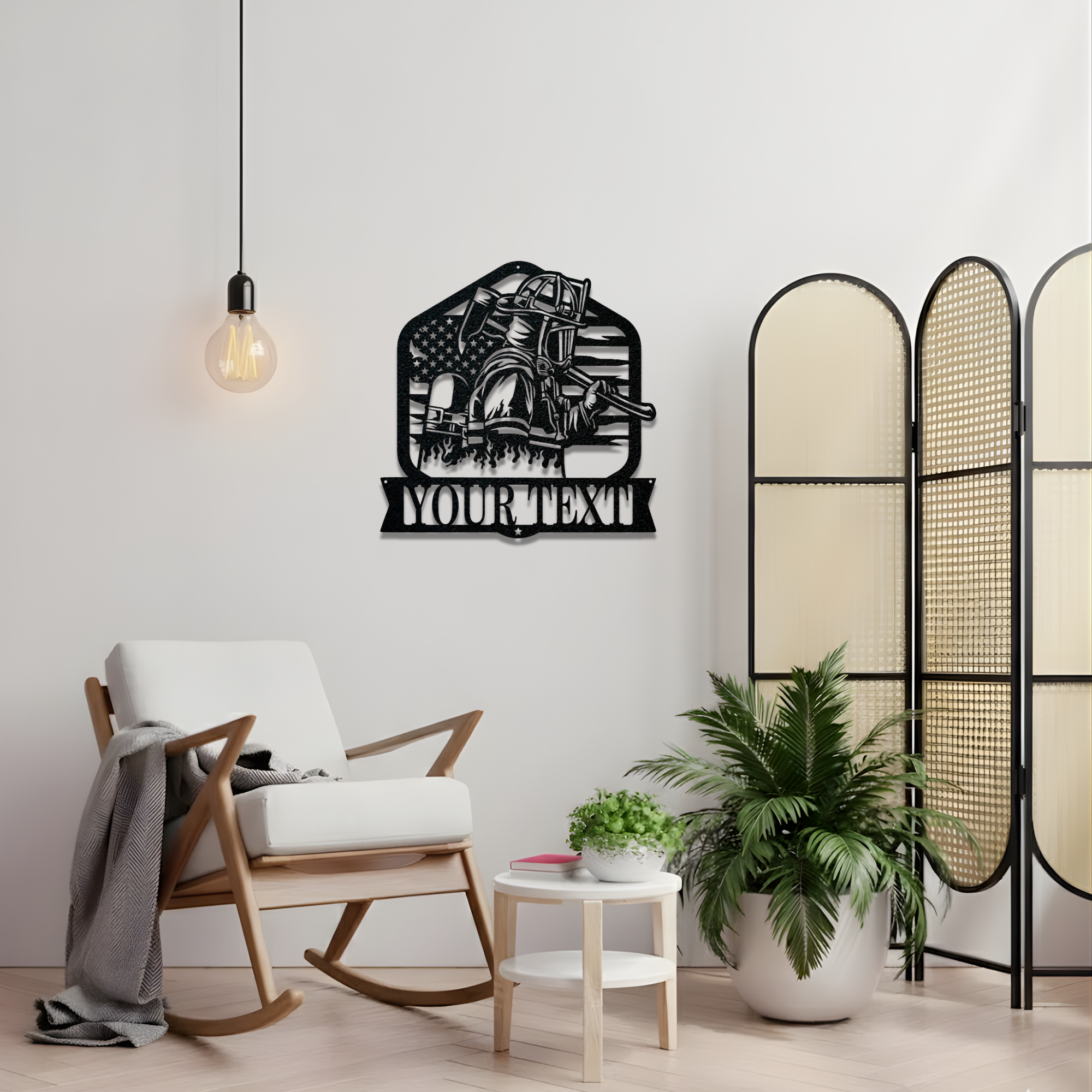 Standing Firefighter With Axe Custom Name Metal Sign - Personalized Fire Department Wall Art