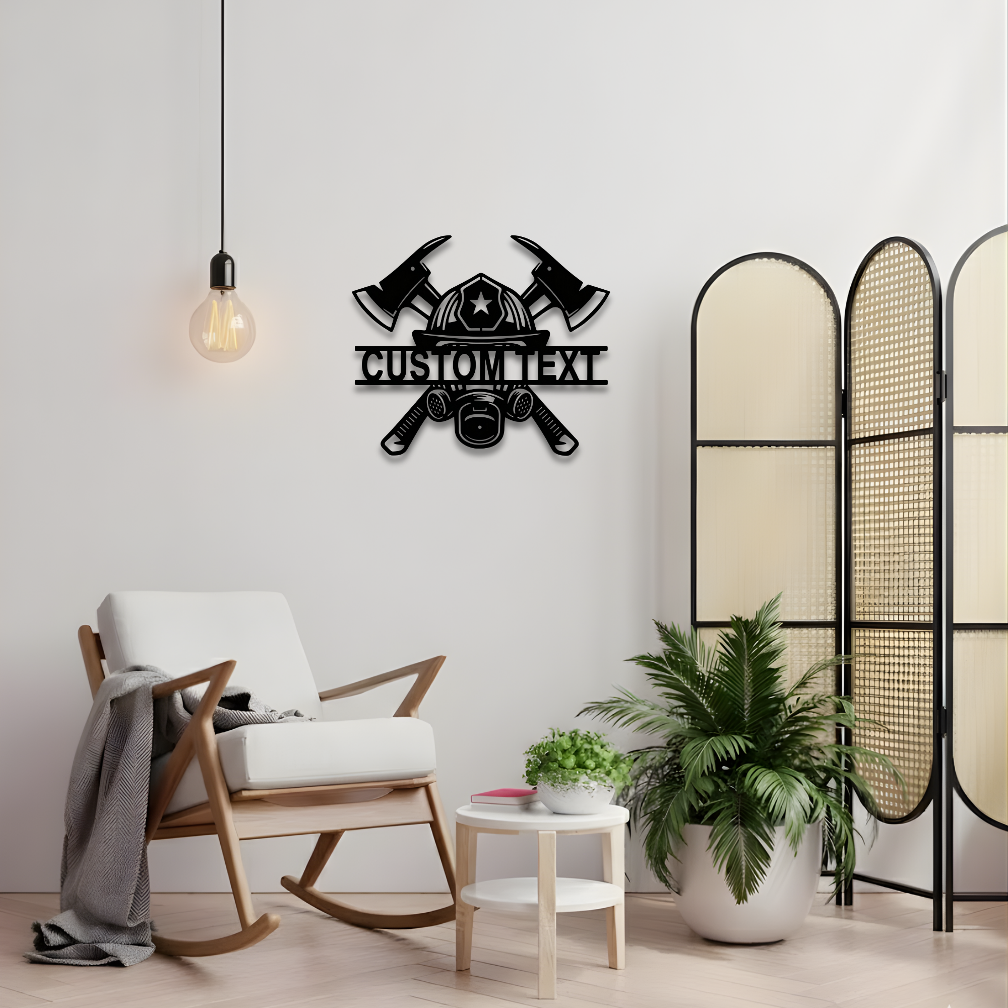 Plaque métallique personnalisée avec masque de pompier et haches croisées - Décoration murale personnalisée