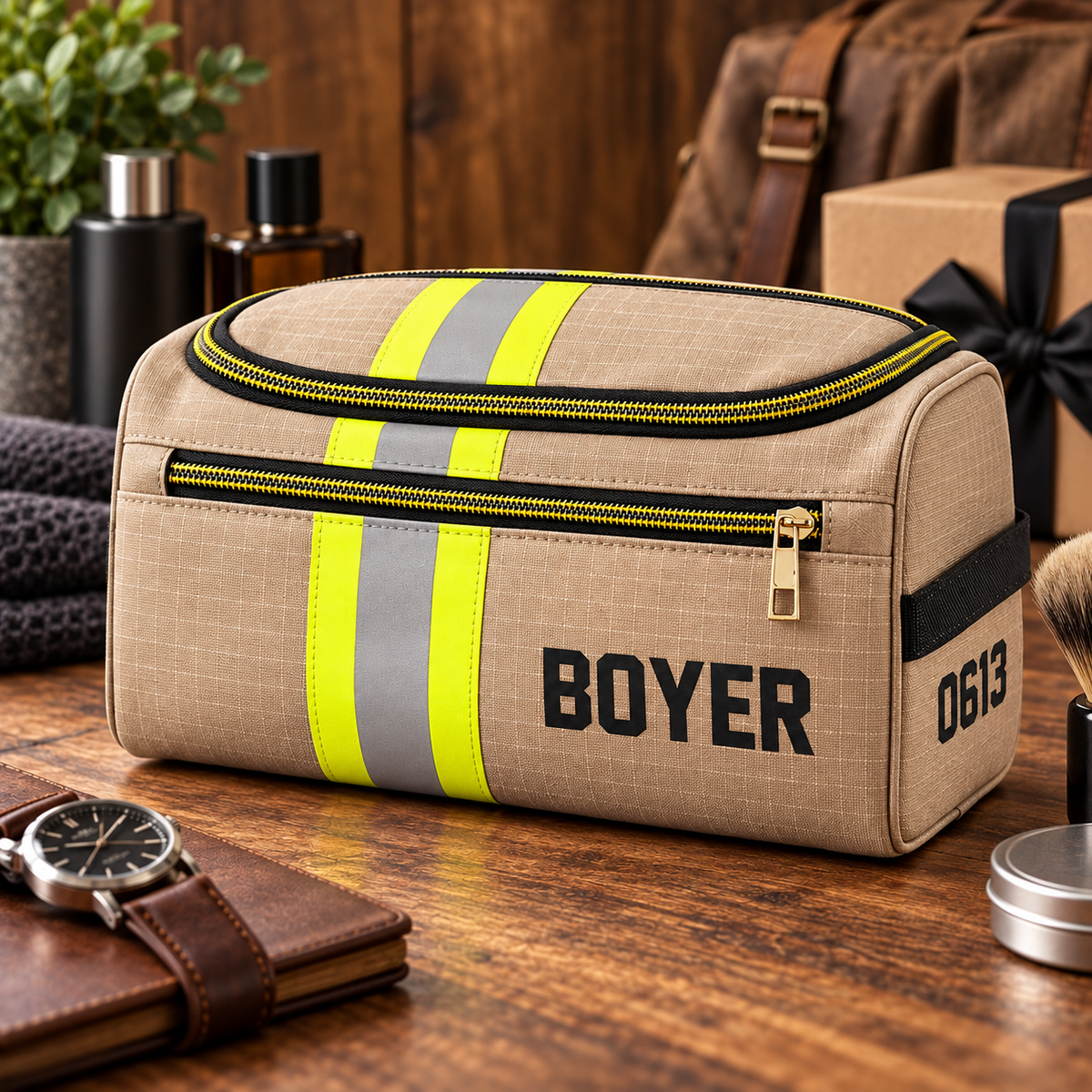 Personalized Firefighter Leather Toiletry Bag - Custom Name & Number