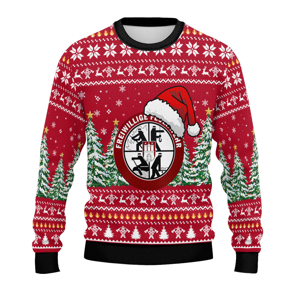 Freiwillige Feuerwehr Weihnachtspullover - Rot Ugly Christmas Sweater mit Weihnachtsmann Mütze