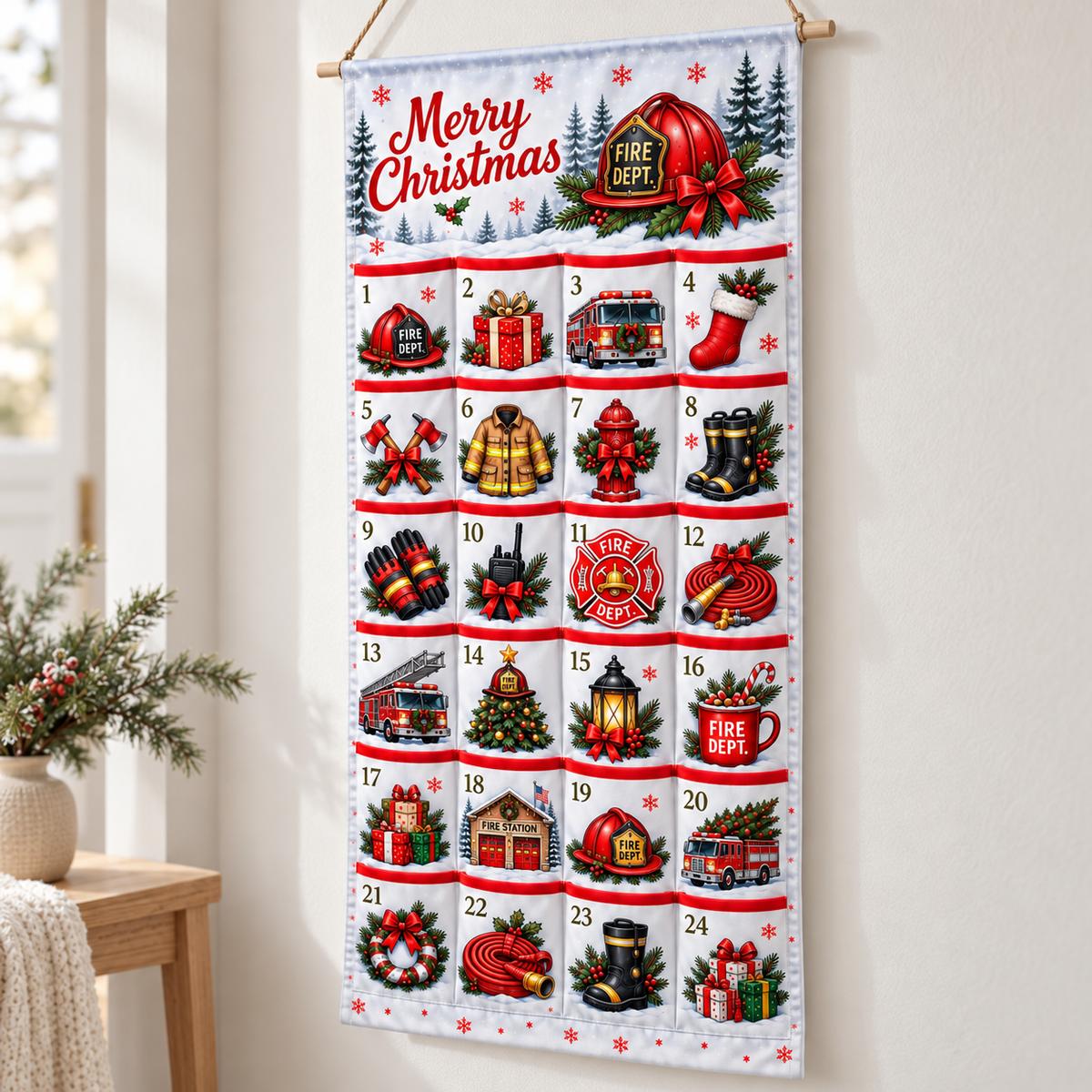 Firefighter Advent Calendar Grid Layout - 24 Pocket Christmas Countdown Hanging Organizer