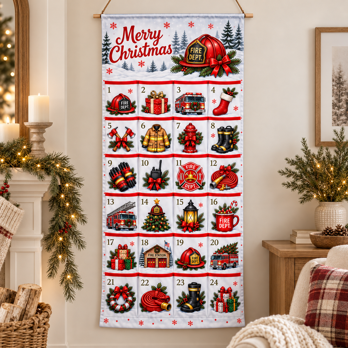 Firefighter Advent Calendar Grid Layout - 24 Pocket Christmas Countdown Hanging Organizer