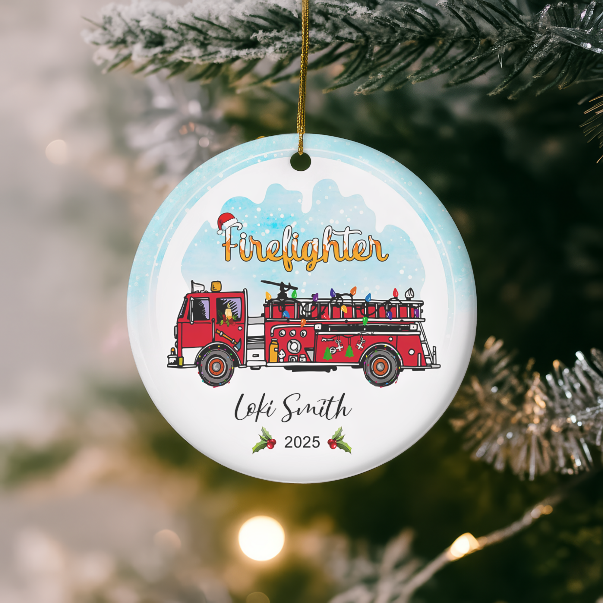 Personalized Firefighter Christmas Ornament 2025 - Custom Fire Truck Holiday Decoration
