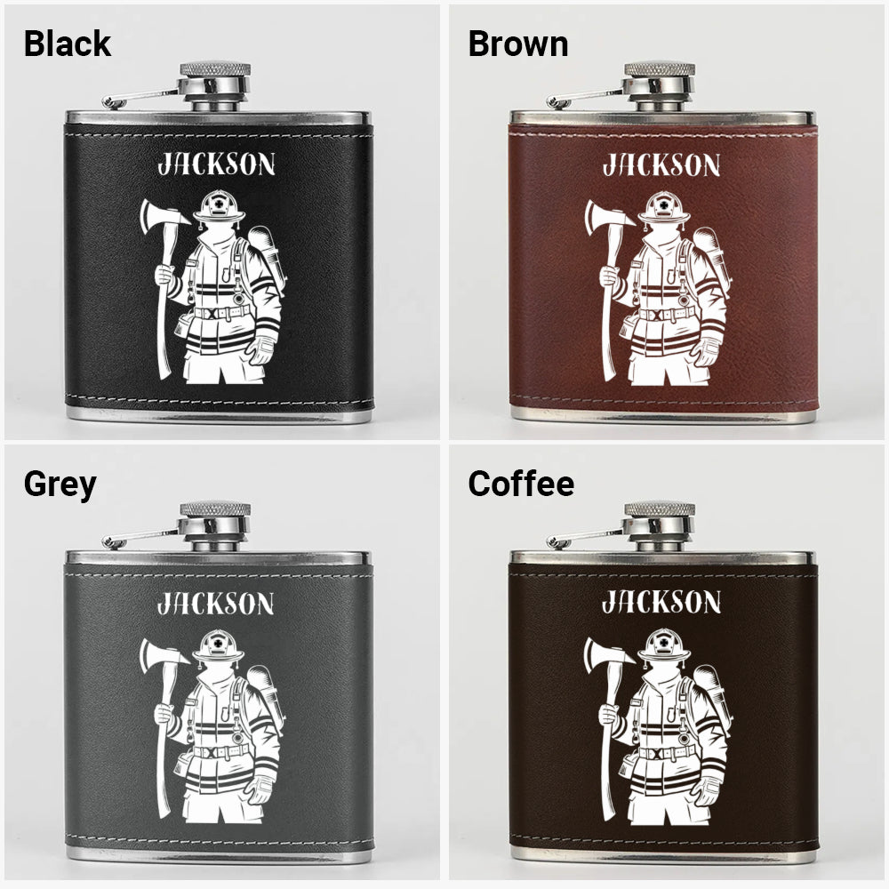 Personalized Firefighter Flask - Custom Name Leather Hip Flask 6oz