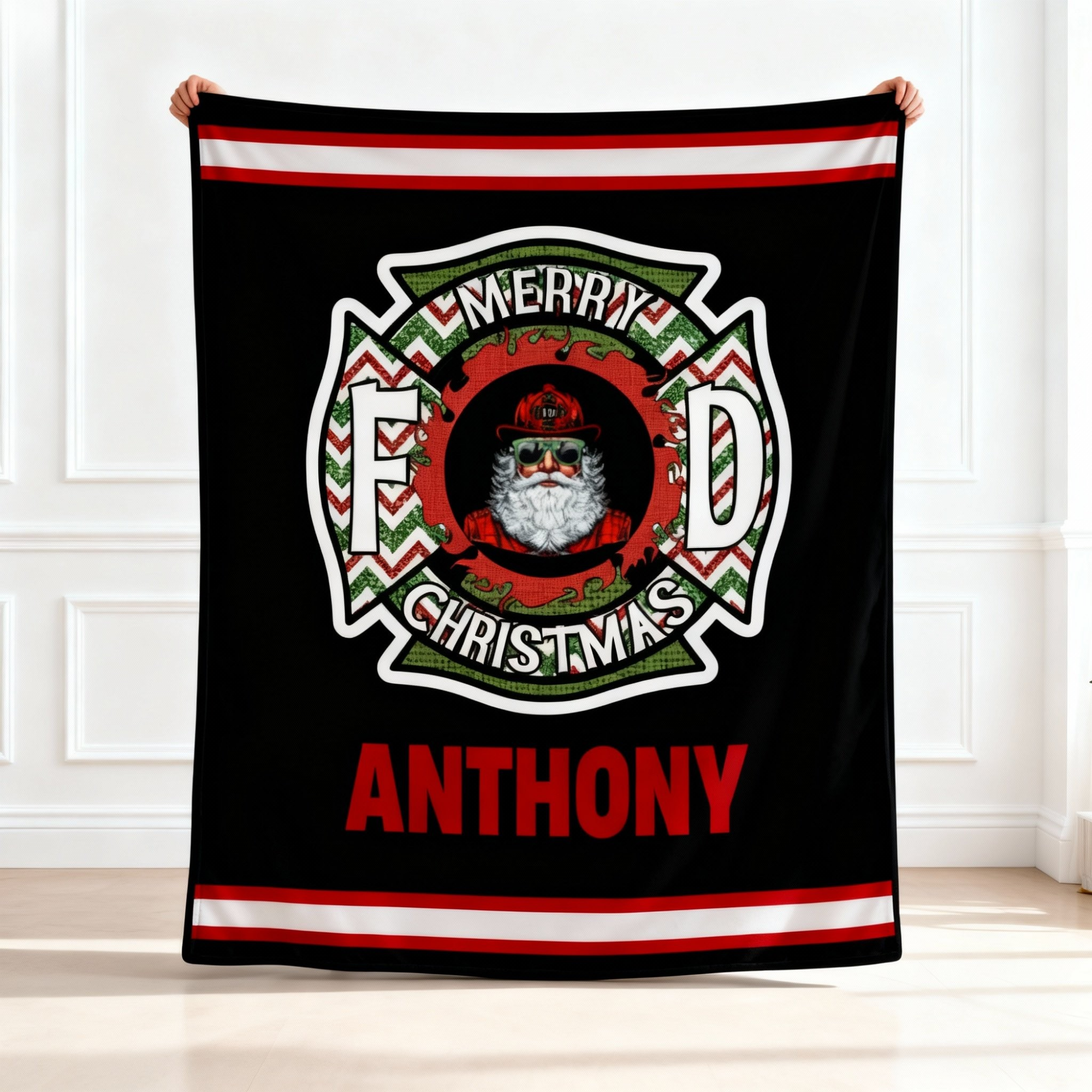 Personalized Santa Fire Department Blanket - Custom Name Christmas Holiday