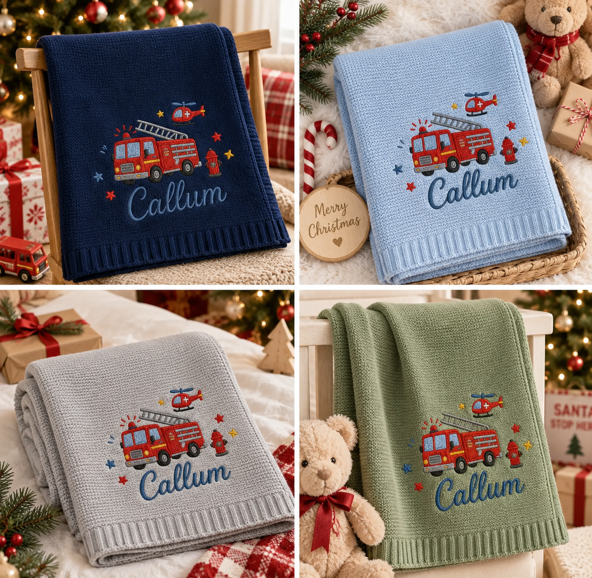 Personalized Fire Truck Baby Blanket | Custom Embroidered Name Knit Keepsake