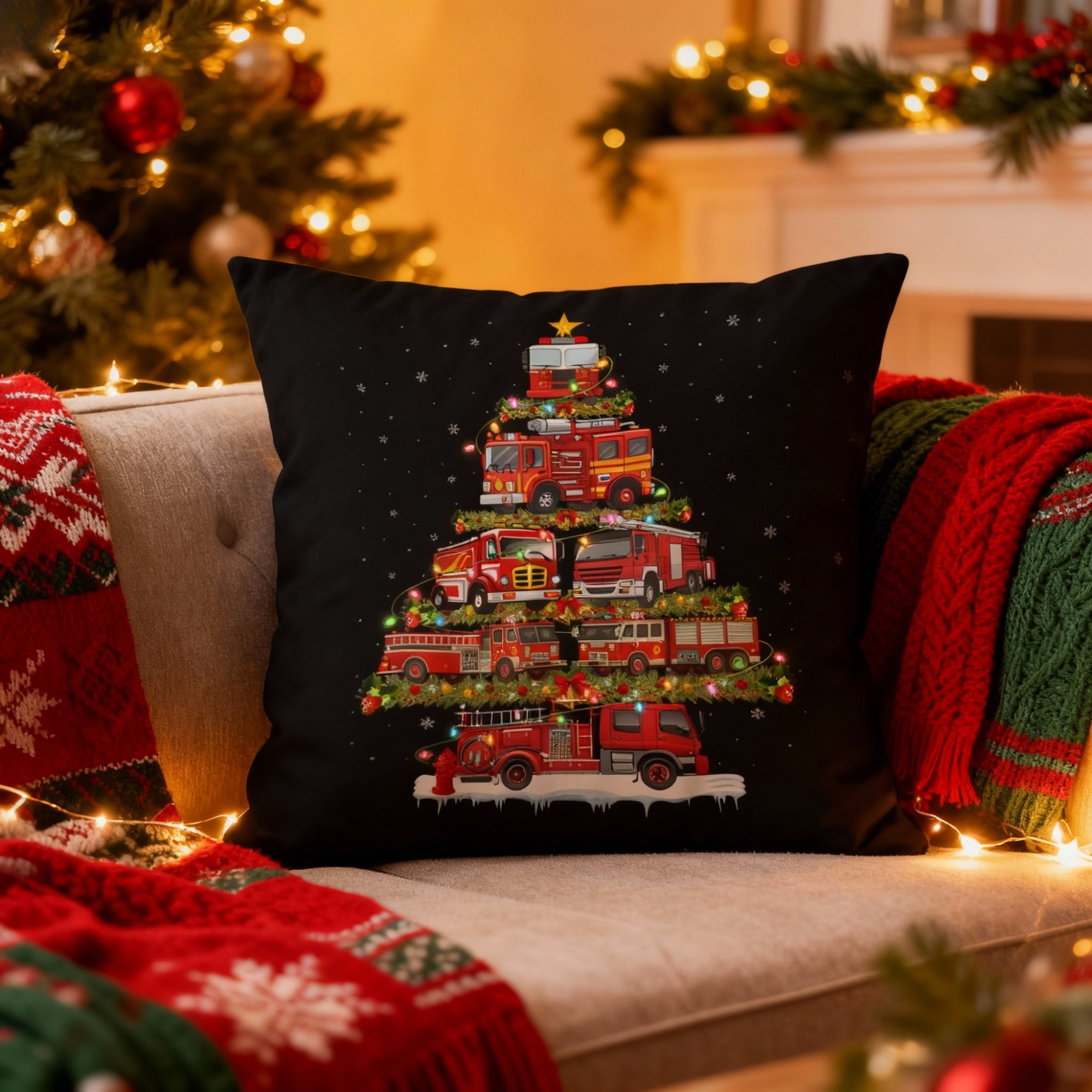 2 side Fire Truck Christmas Suede Throw Pillow
