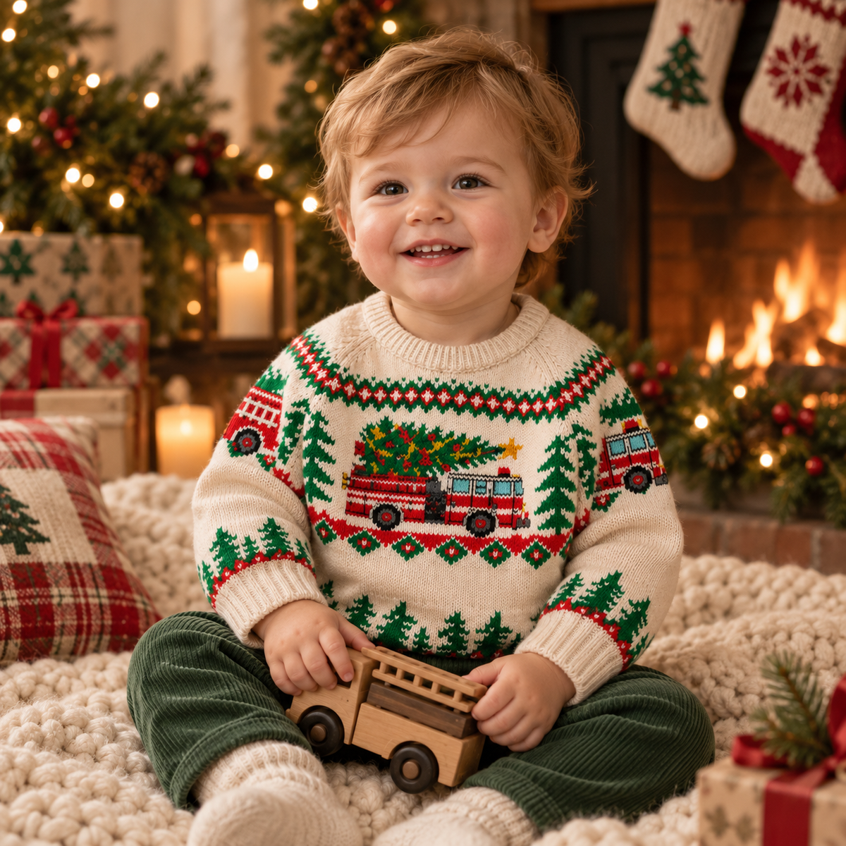 Baby Fire Truck Christmas Sweater – Fair Isle Knit Pullover for Boys & Girls