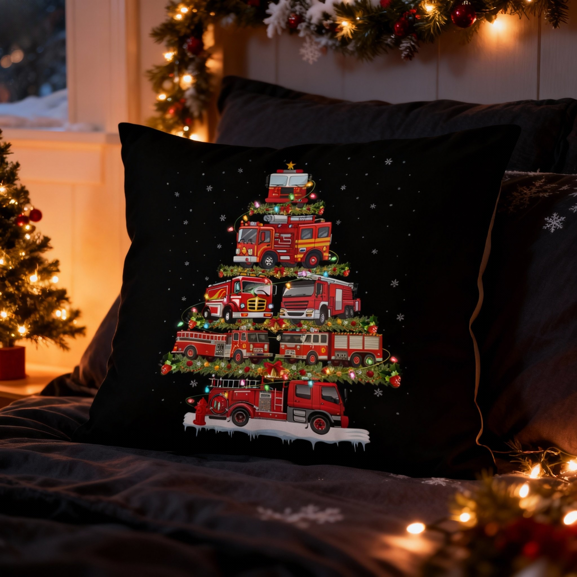2 side Fire Truck Christmas Suede Throw Pillow