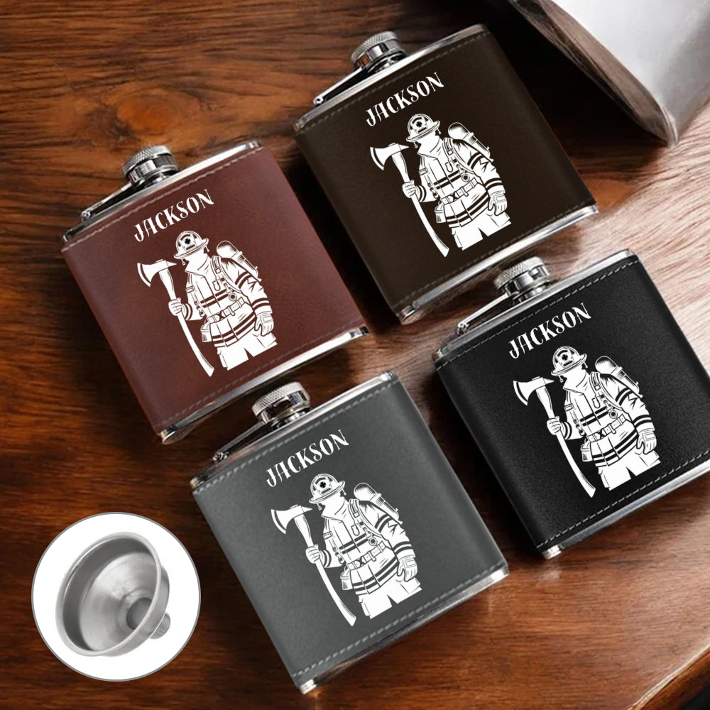 Personalized Firefighter Flask - Custom Name Leather Hip Flask 6oz