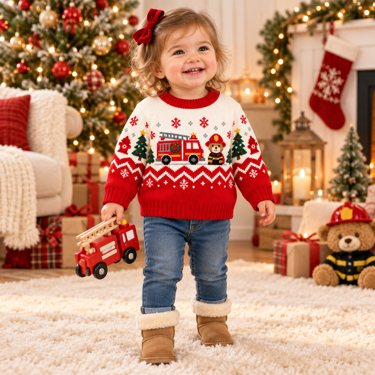 Baby Firefighter Bear Christmas Sweater – Firefighter Fair Isle Knit Pullover for Boys & Girls