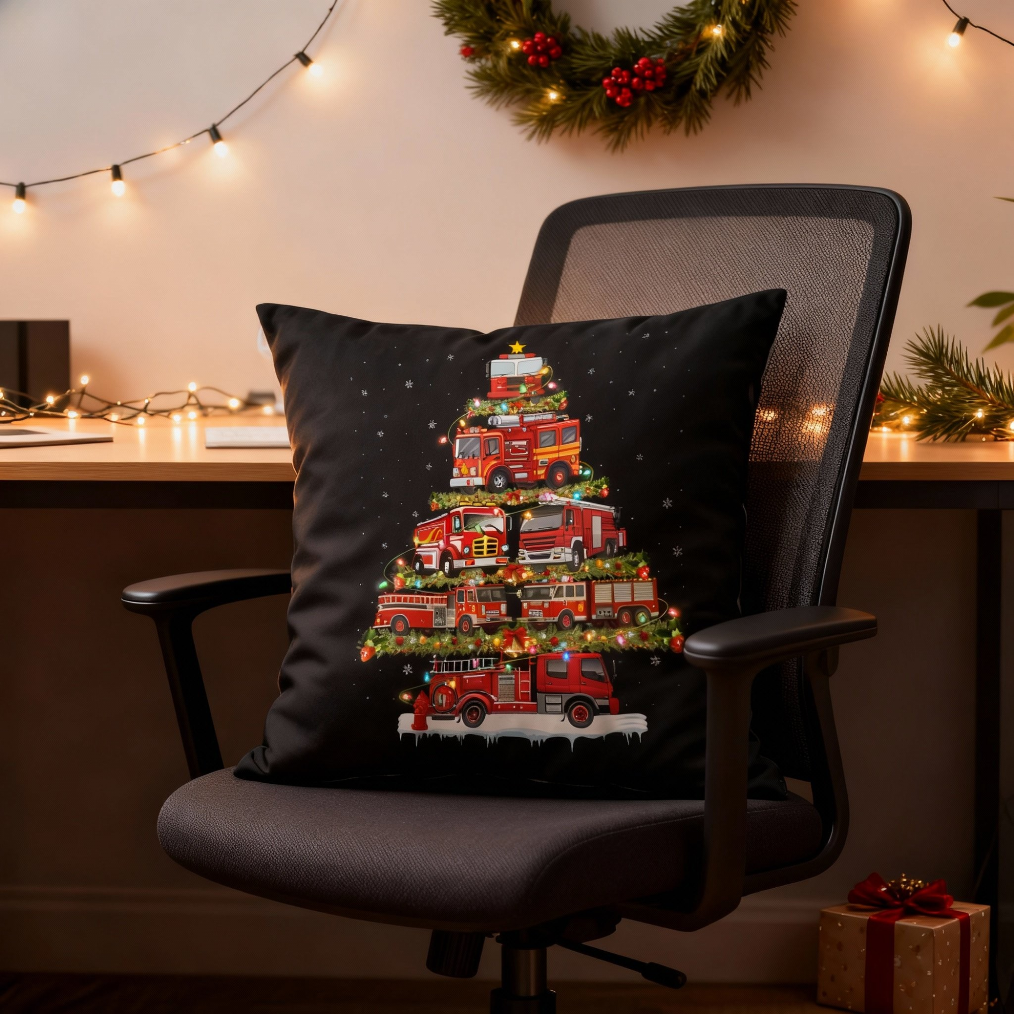 2 side Fire Truck Christmas Suede Throw Pillow