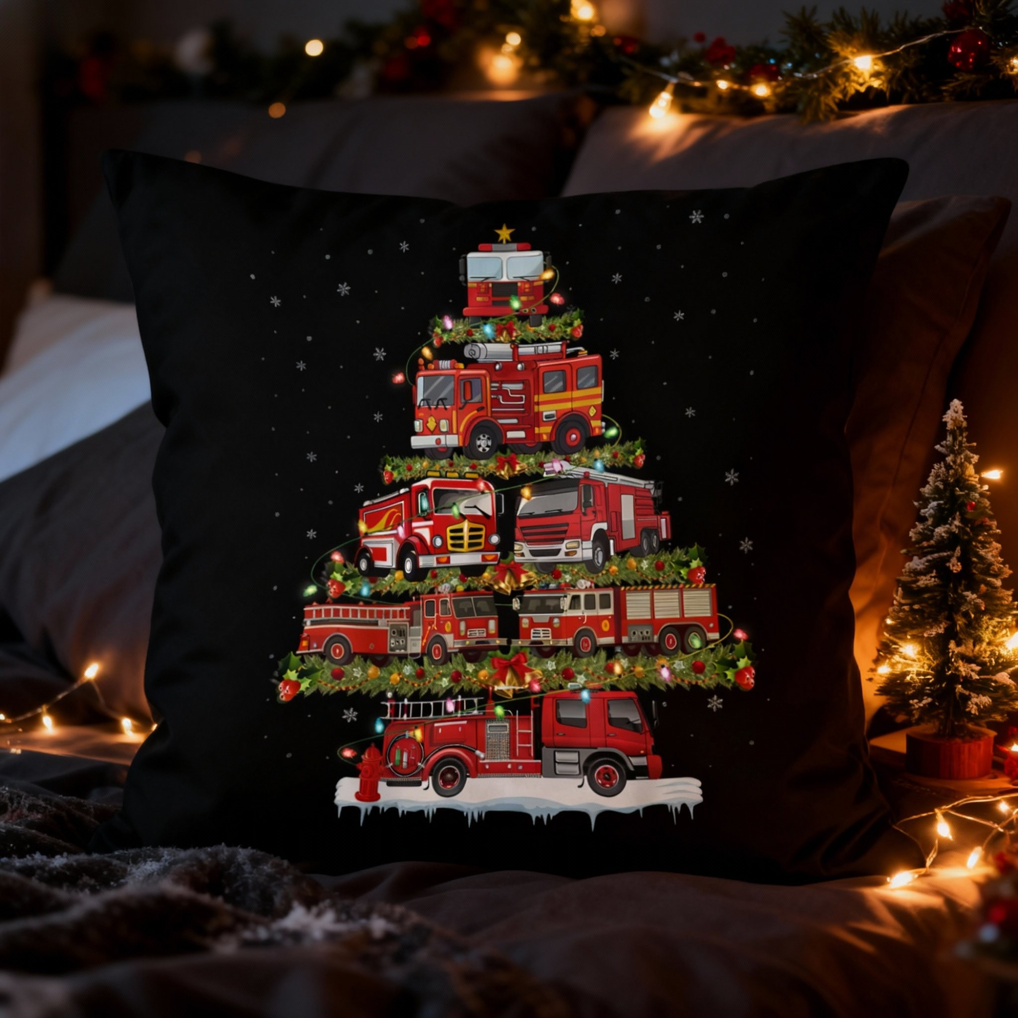 2 side Fire Truck Christmas Suede Throw Pillow