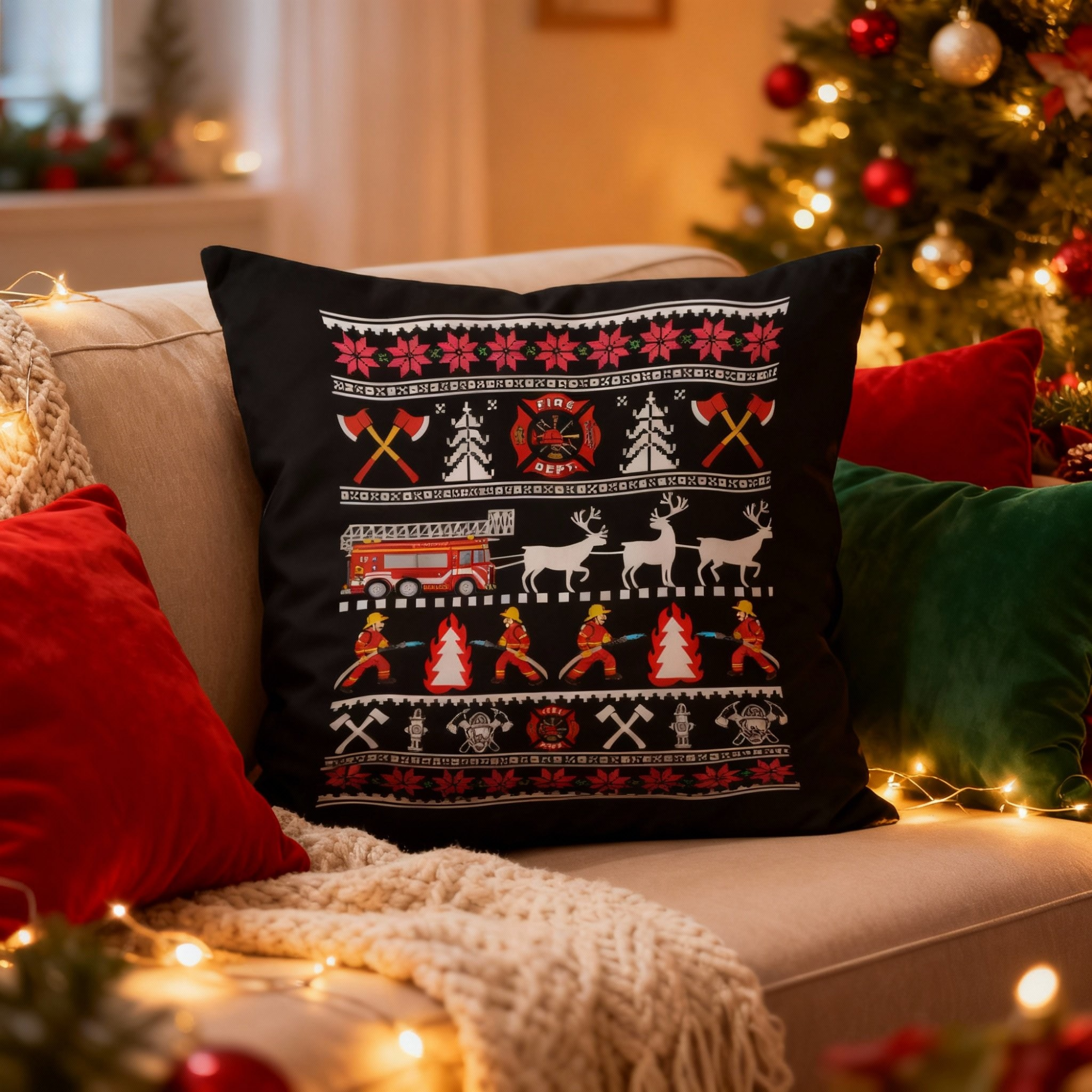 Firefighter Christmas Holiday Suede Throw Pillow
