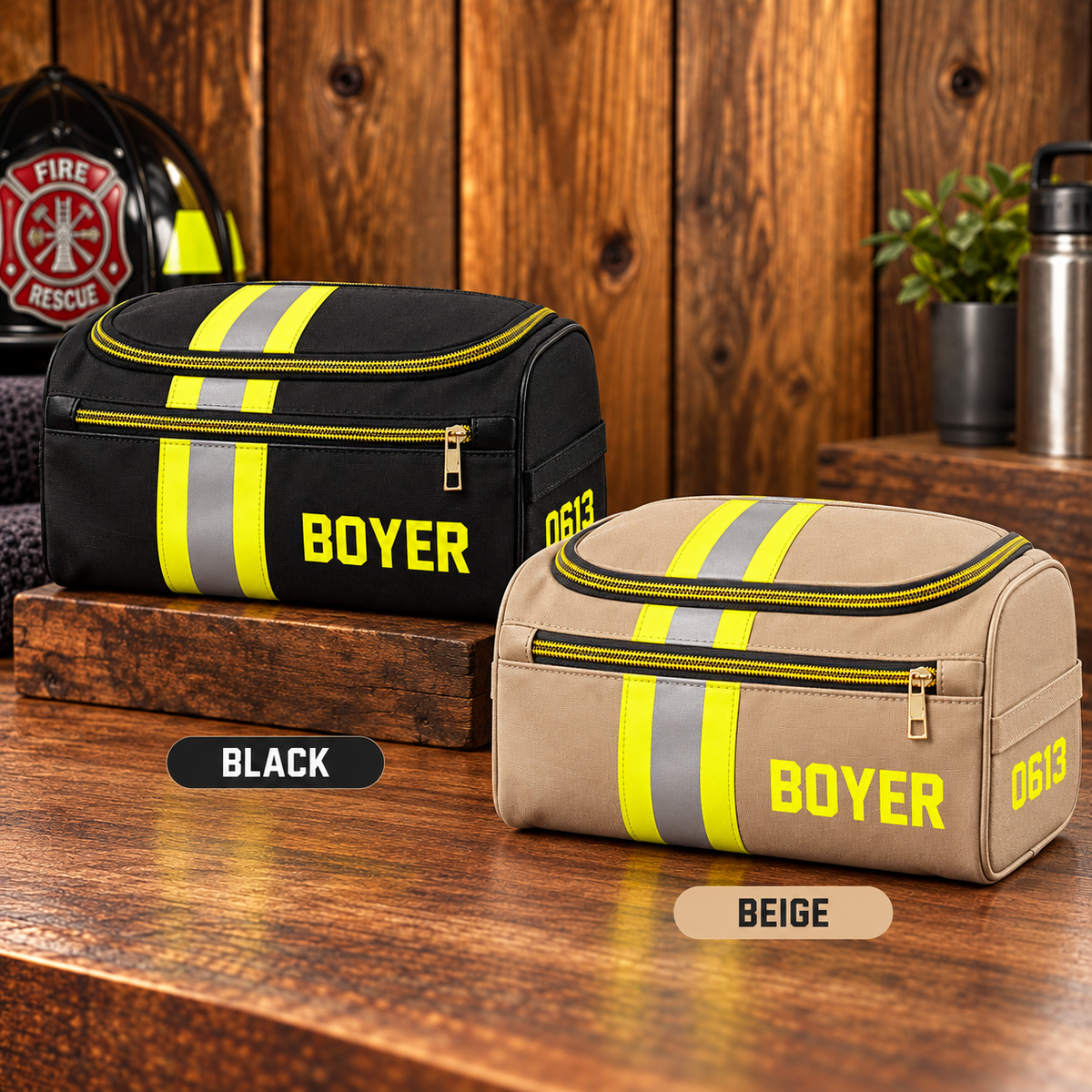 Personalized Firefighter Leather Toiletry Bag - Custom Name & Number