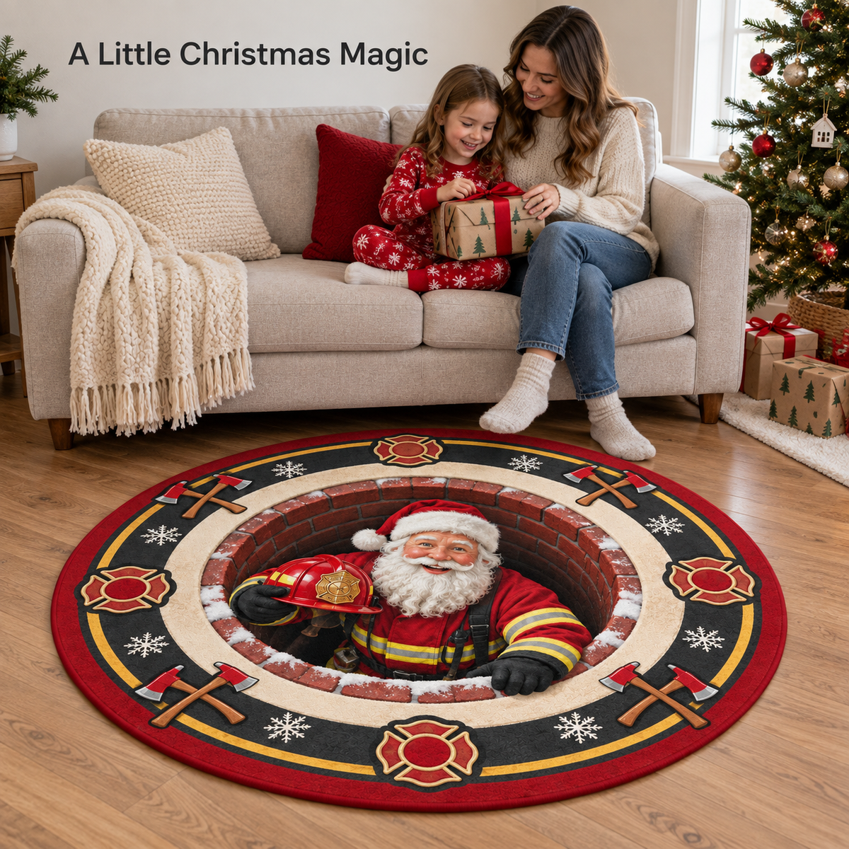 Firefighter Santa 3D Illusion Round Rug - Christmas Firefighter Home Decor