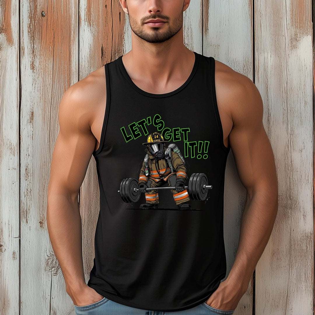 Vintage firefighter themed unisex jersey tank top with high-quality print and retail fit