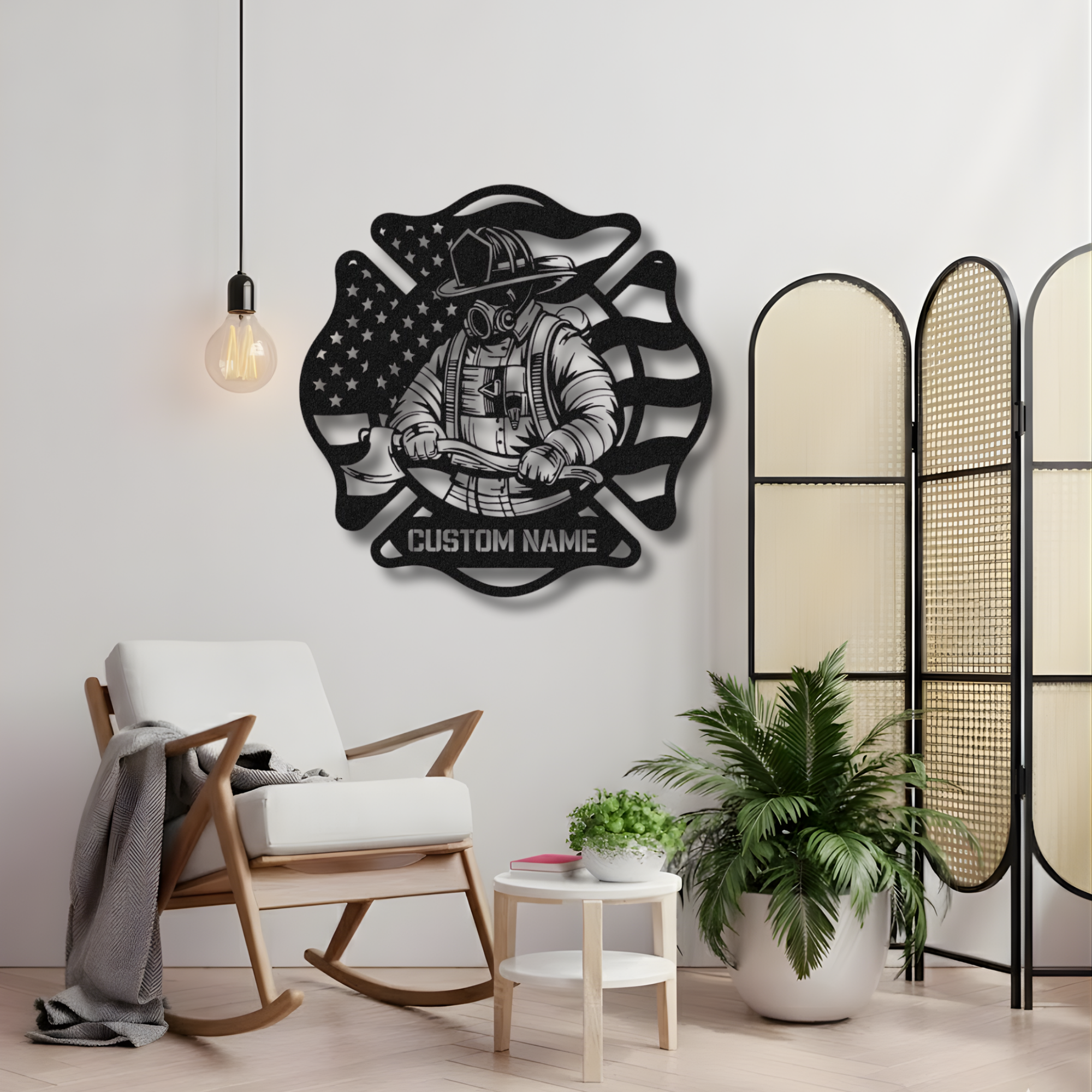 Feuerwehrmaske mit gekreuzten Äxten – Individuelles Namensschild aus Metall – Personalisierte Wanddekoration