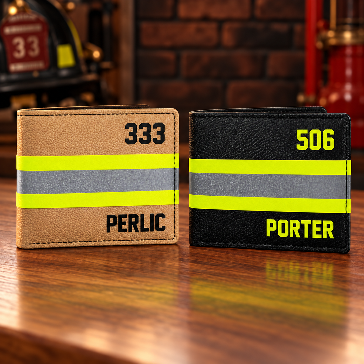 Personalized Firefighter Leather Bifold Wallet with Name & Number