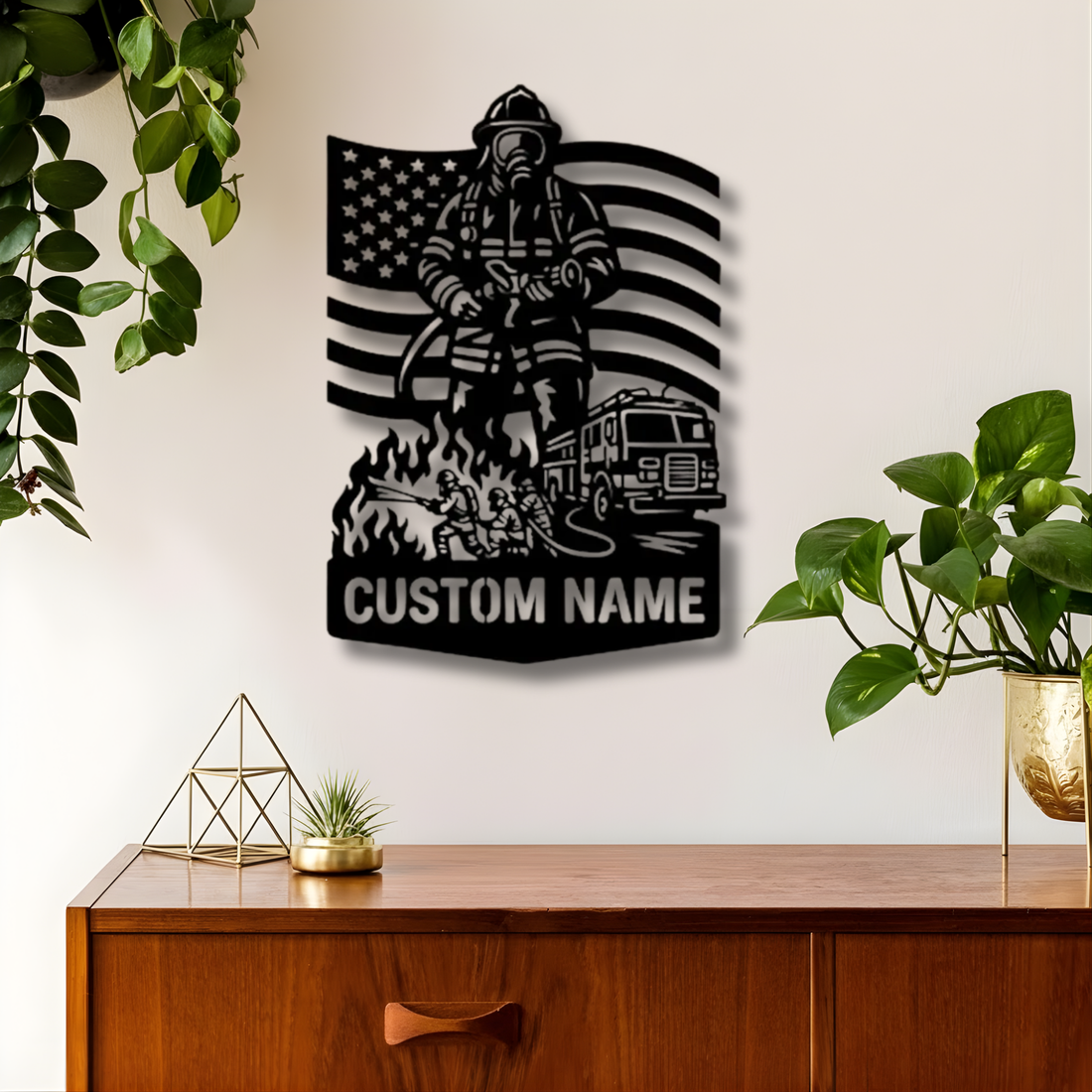 Firefighter American Flag Custom Name  - Metal Sign