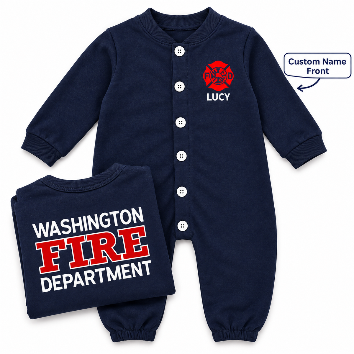 Firefighter Long-Sleeve Baby Romper with Maltese Cross - Custom Name Front & Optional Back