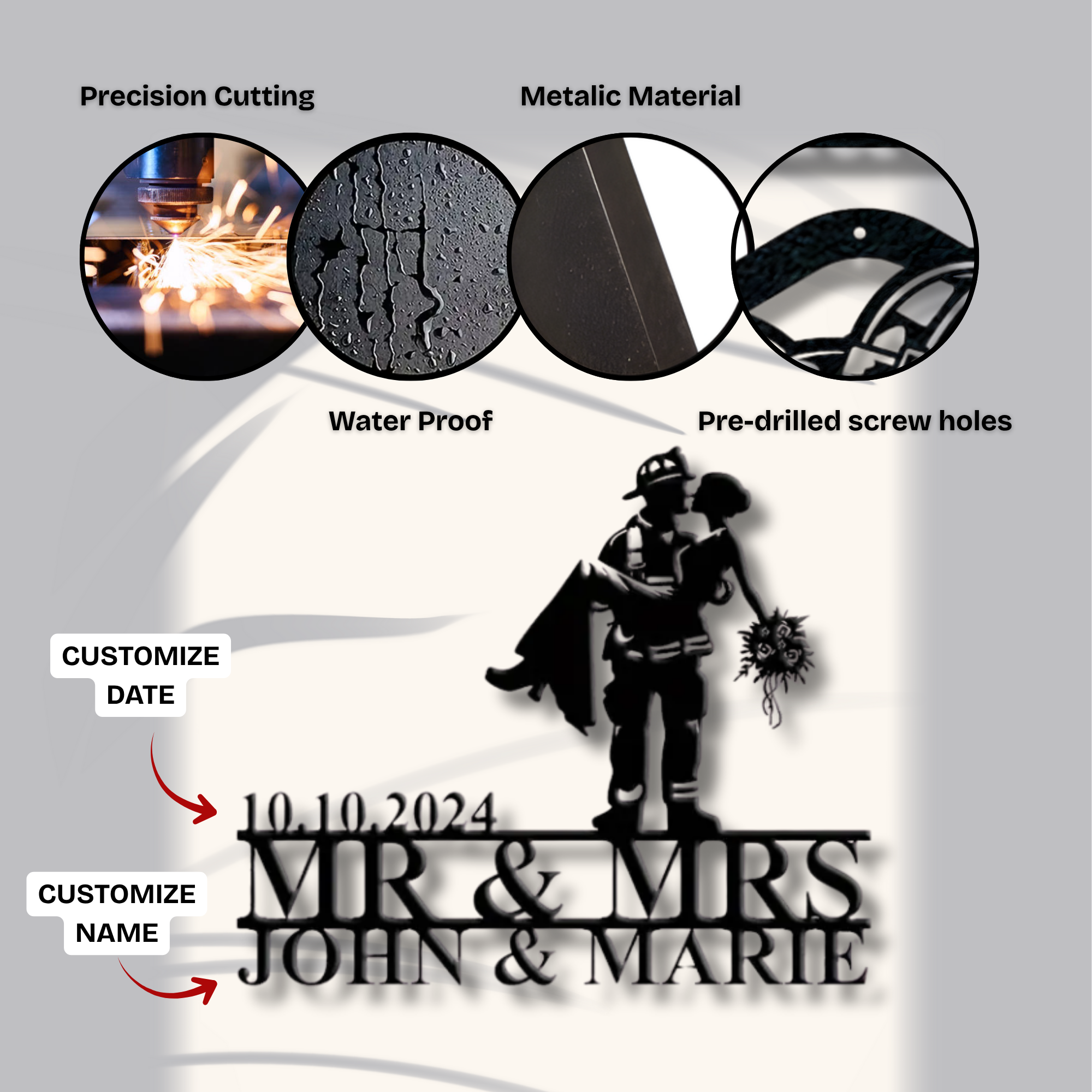 Firefighter Groom Kissing Bride Custom Metal Sign - Personalized Wall Art