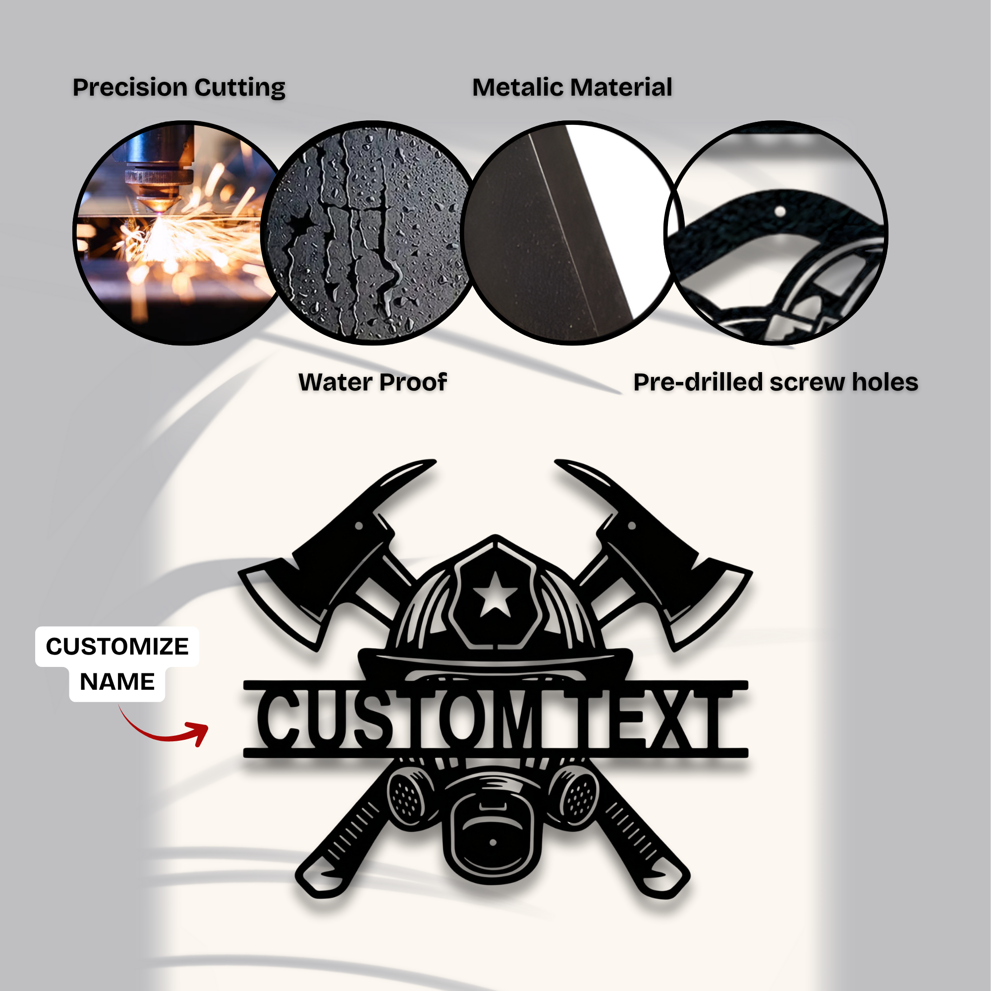 Plaque métallique personnalisée avec masque de pompier et haches croisées - Décoration murale personnalisée