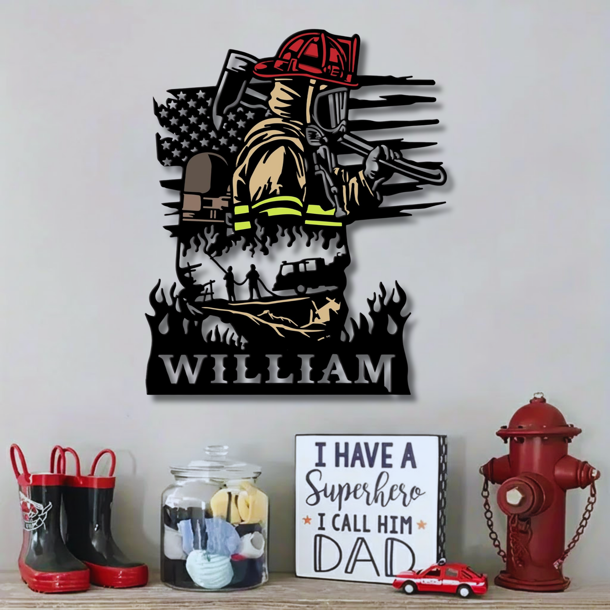 Feuerwehrmaske mit gekreuzten Äxten – Individuelles Namensschild aus Metall – Personalisierte Wanddekoration