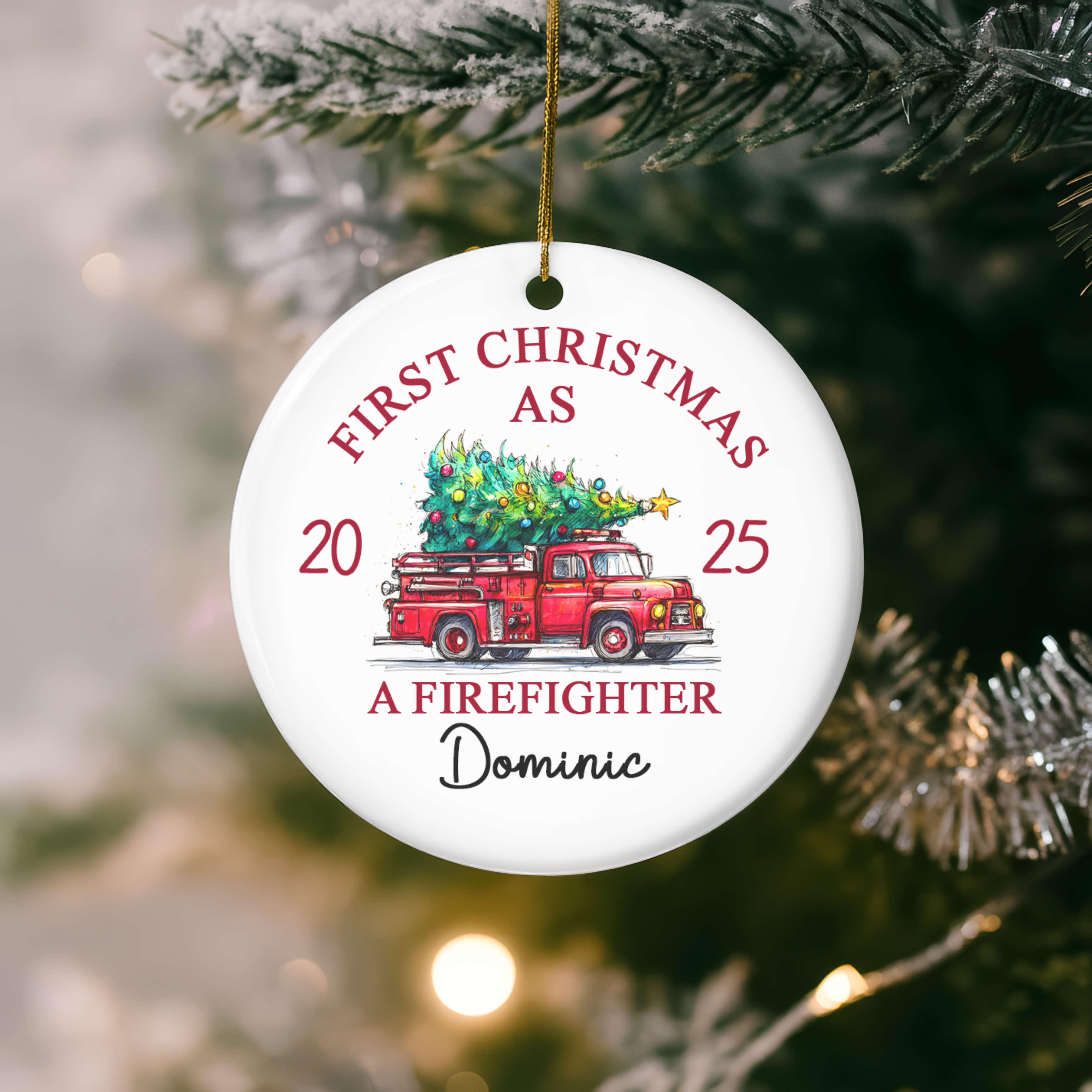 Personalized First Christmas as Firefighter Ornament - Custom Name Fire Truck