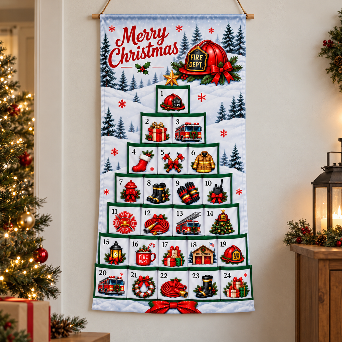 Firefighter Advent Calendar - 24 Pocket Christmas Countdown Hanging Organizer