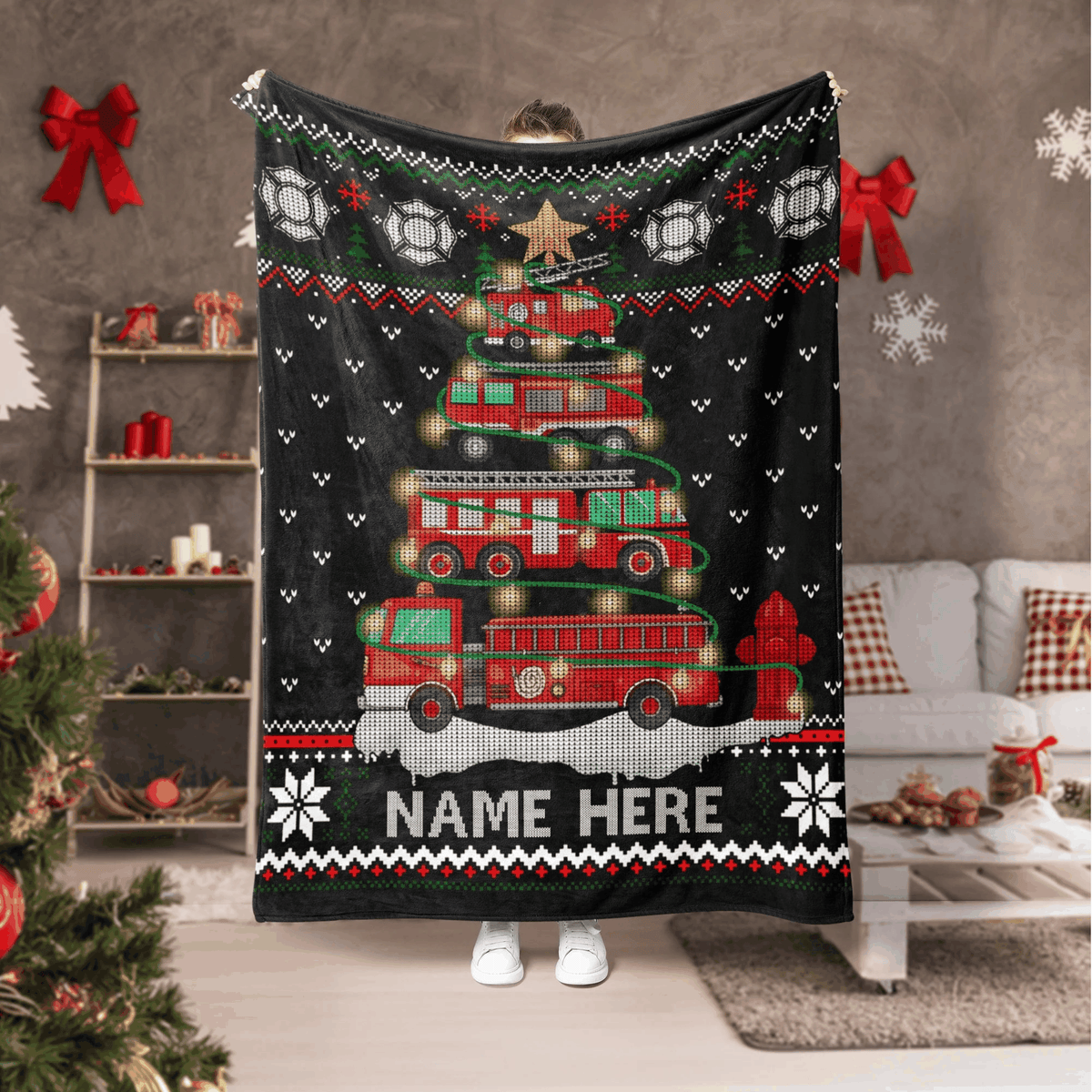 Personalisierte Weihnachtsbaumdecke mit Feuerwehr-Motiv – Individuelle