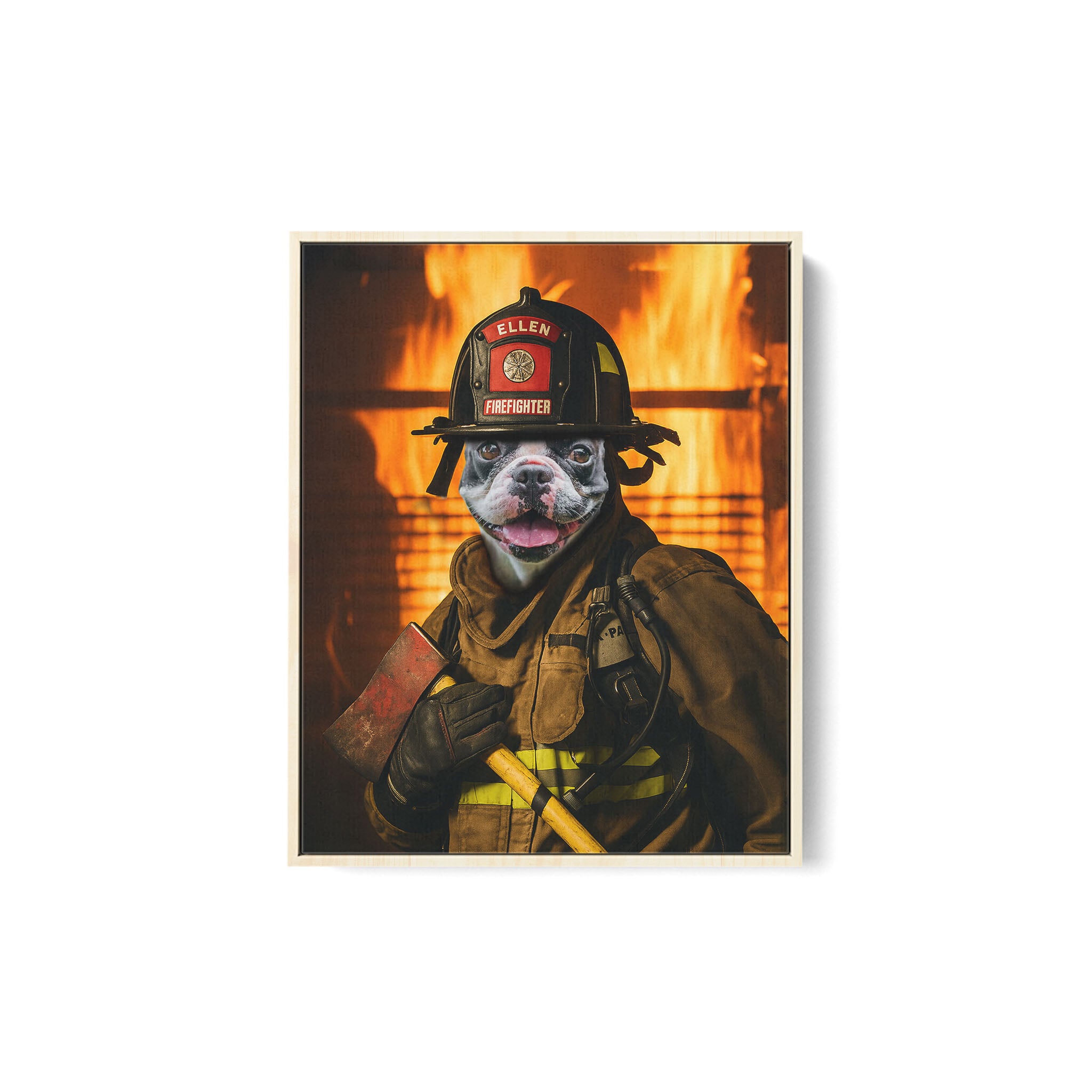 Toile personnalisée avec photo d'animal de compagnie sur le thème des pompiers - Fond de feu style action