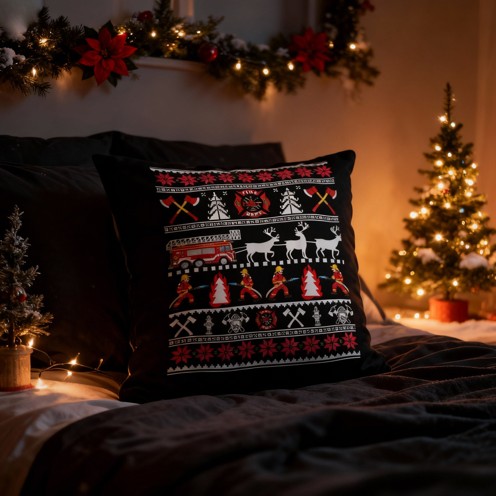 Firefighter Christmas Holiday Suede Throw Pillow