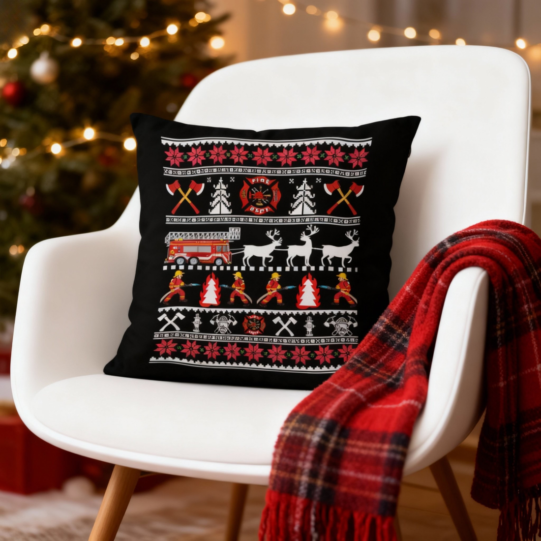 Firefighter Christmas Holiday Suede Throw Pillow