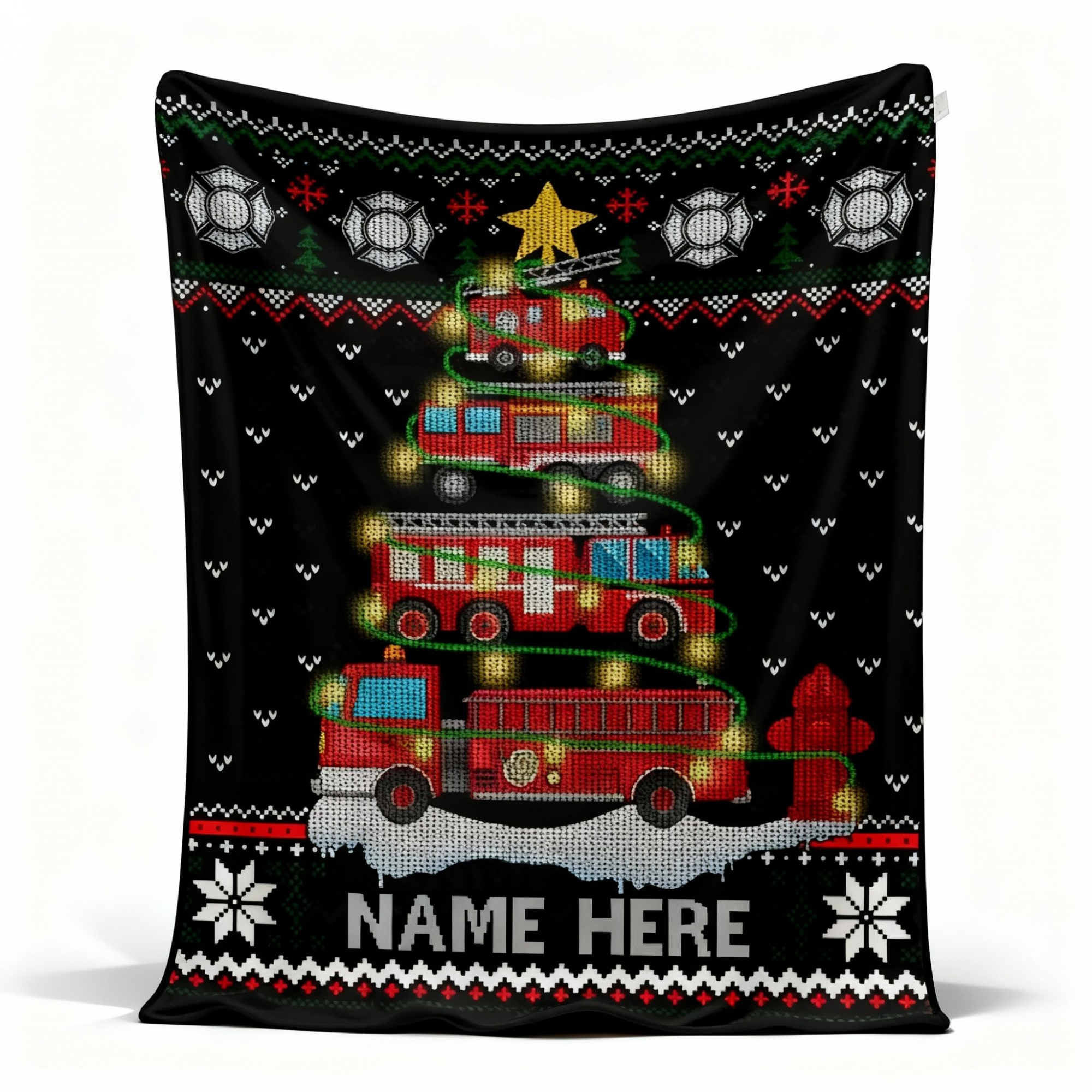 Personalized Fire Truck Christmas Tree  Blanket - Custom Name Christmas Holiday