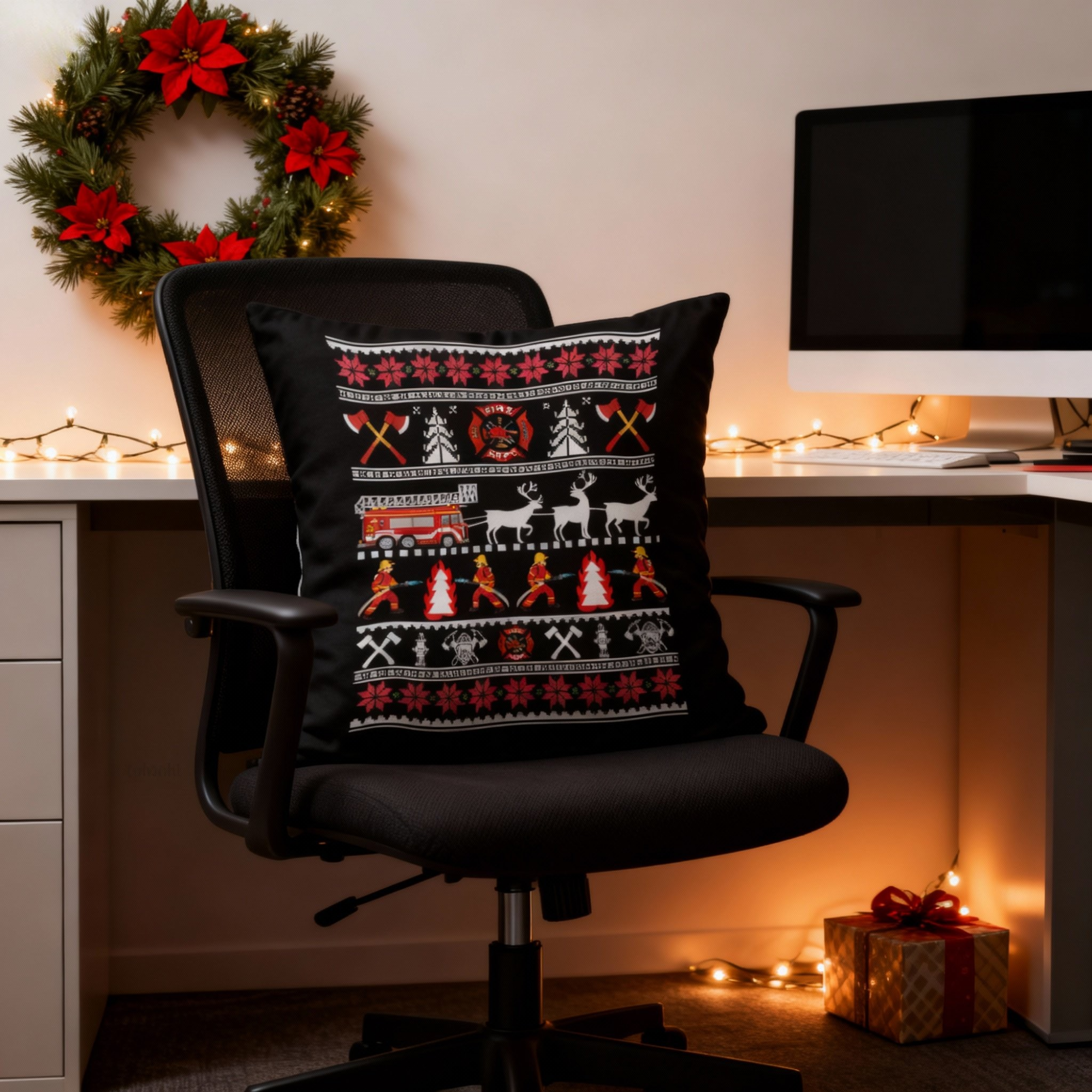 Firefighter Christmas Holiday Suede Throw Pillow