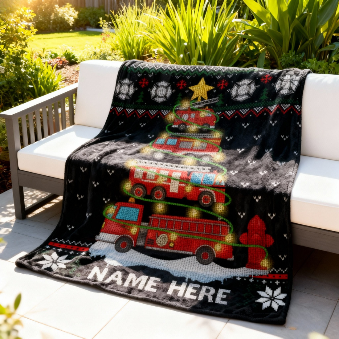 Personalized Fire Truck Christmas Tree  Blanket - Custom Name Christmas Holiday